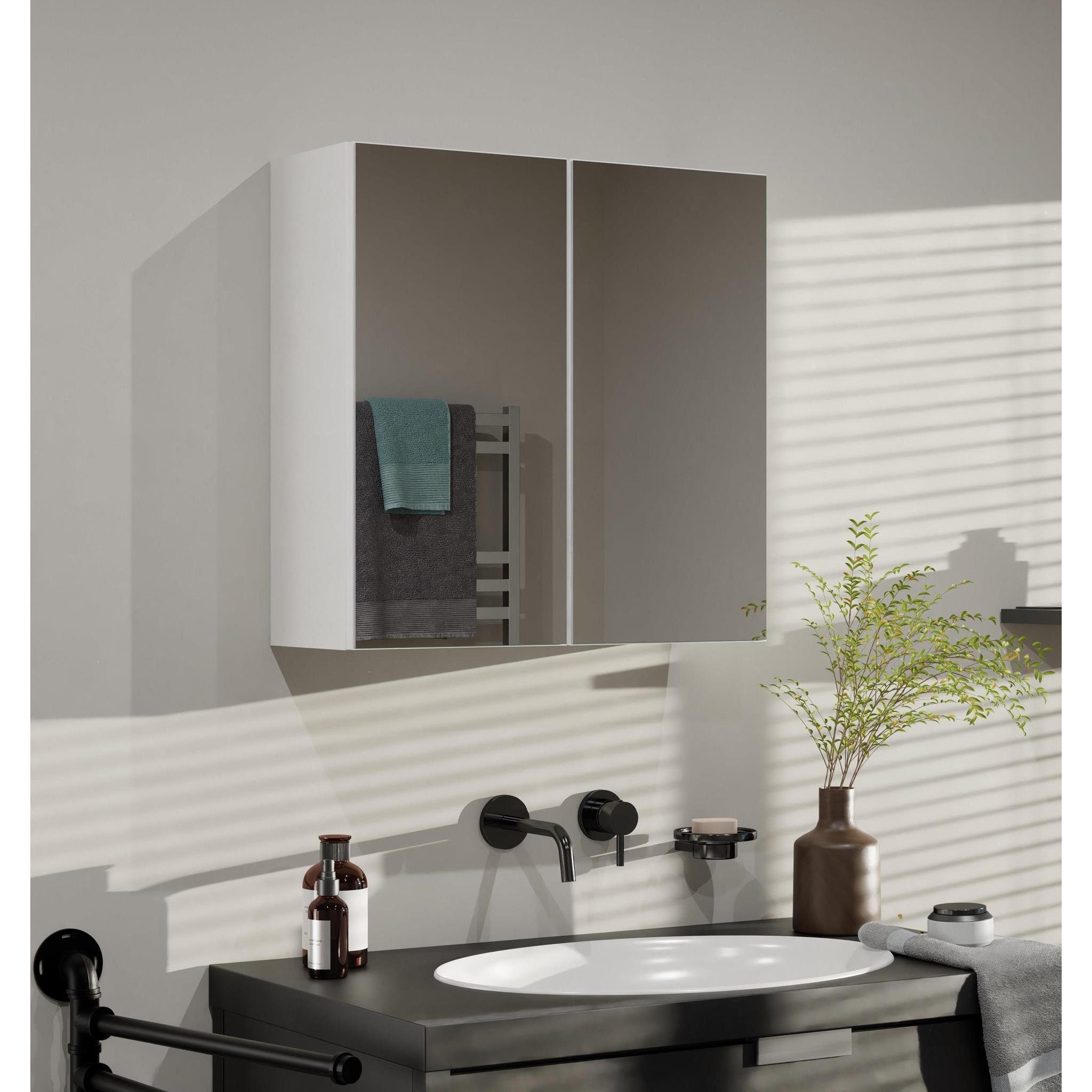Beautysofa Badezimmerspiegelschrank Ivy 2 DL (Badschrank mit 3 geschlossen Fächer, 2-türig Spiegelschrank) mit 2 Drehtüren mit Spiegelfronten, 60 x 60 x 22 cm (BxHxT) Weiß