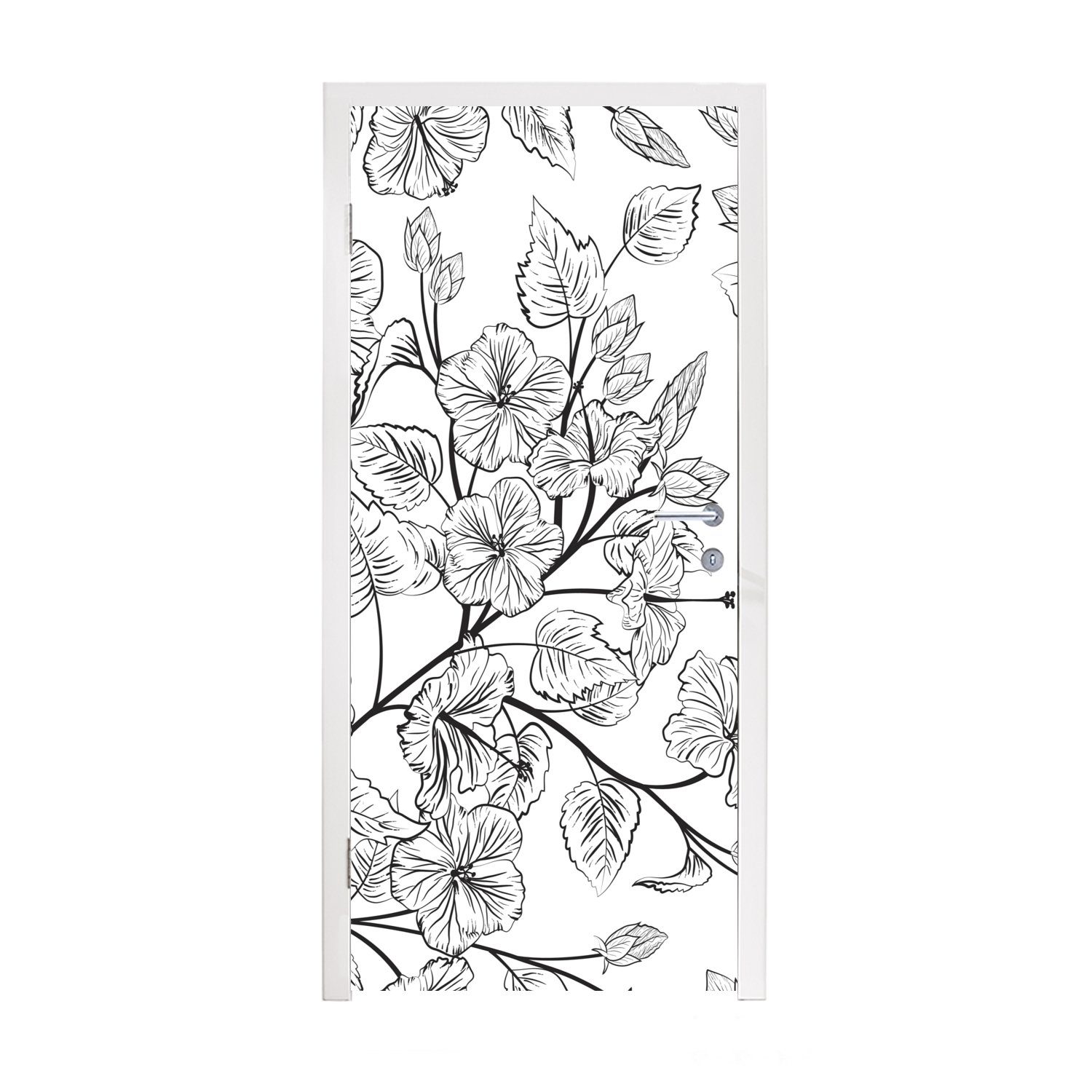 Eine 75x205 Illustration bedruckt, für Matt, Tür, cm Türaufkleber, St), Blumenmusters, (1 Fototapete schwarz-weiße eines Türtapete MuchoWow