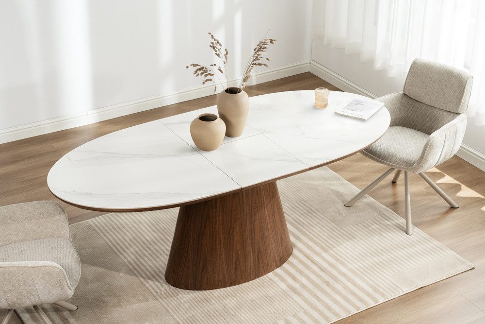 riess-ambiente Esstisch UNIQUE 160-200cm weiß / braun - Keramik, Echtholzfurnier, ausziehbar (Einzelartikel, 1-St), Ovaler Tisch · Walnuss · Marmordesign · Modern · 8 Personen · Speziell