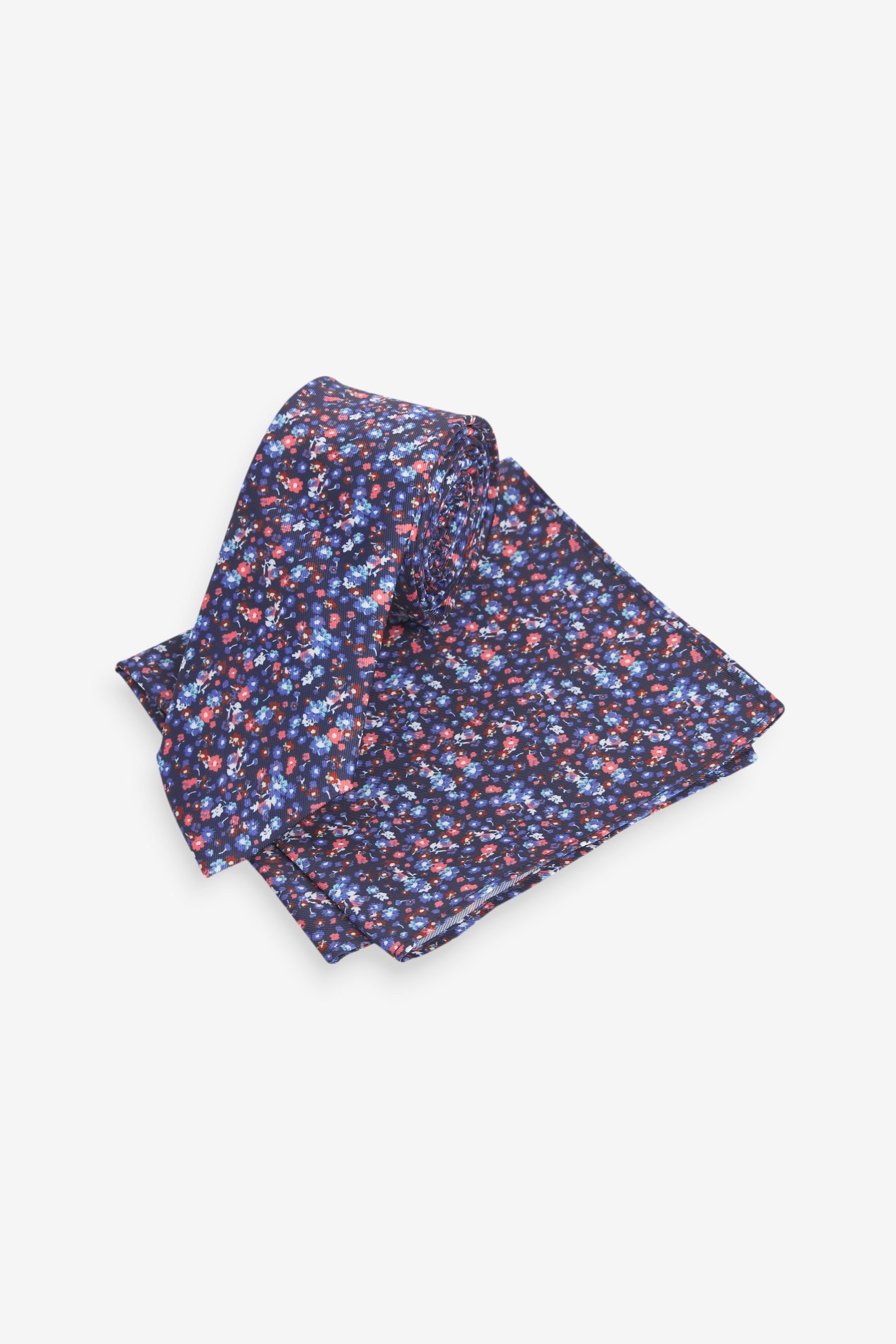 Next Krawatte Krawatte und Einstecktuch im Set - Slim (2-St) Navy Blue Ditsy Floral | Breite Krawatten