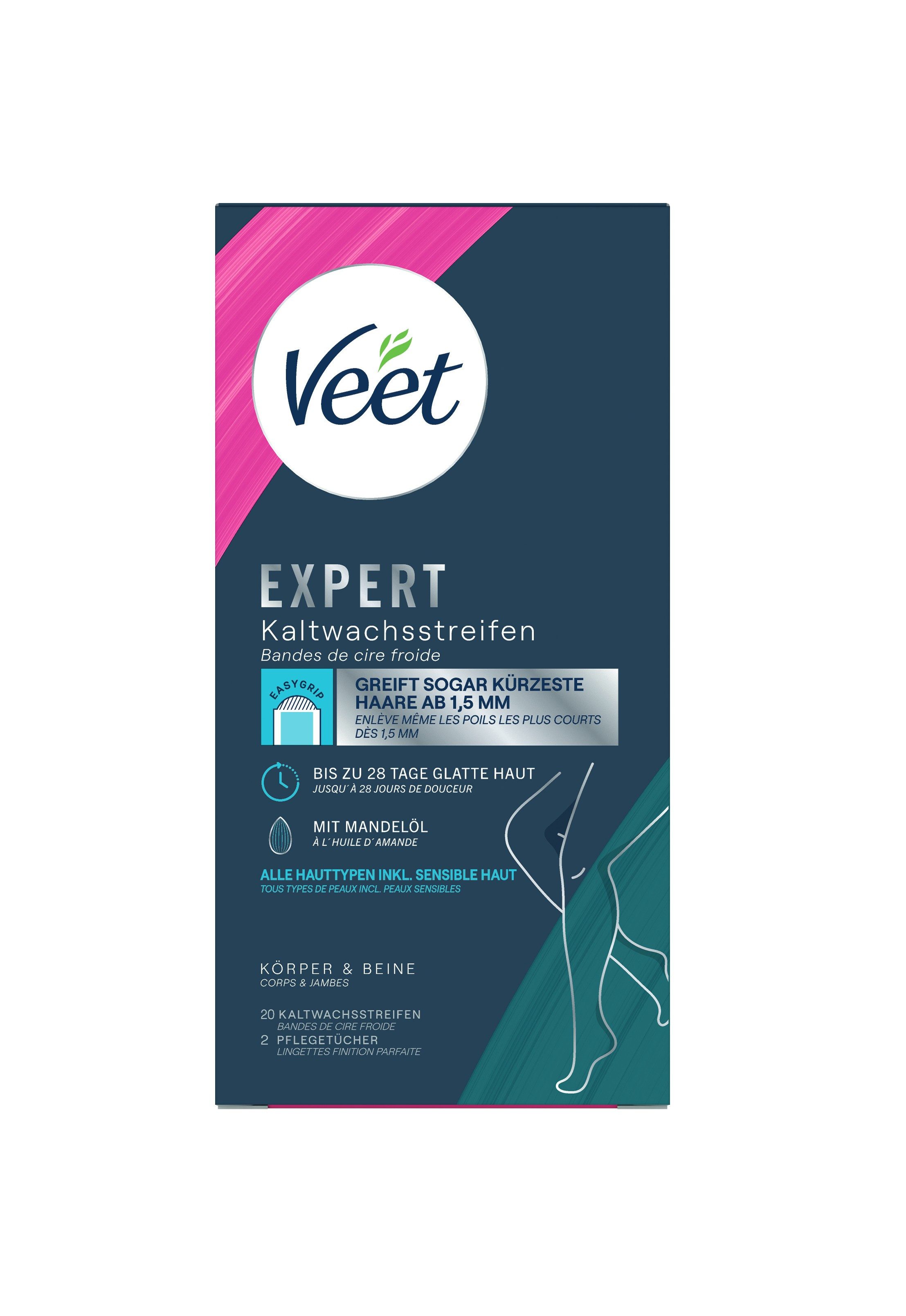 Veet Kaltwachsstreifen EXPERT, Packung, 20 St., für Körper & Beine, zur Haarentfernung für alle Hauttypen inkl. sensibler Haut