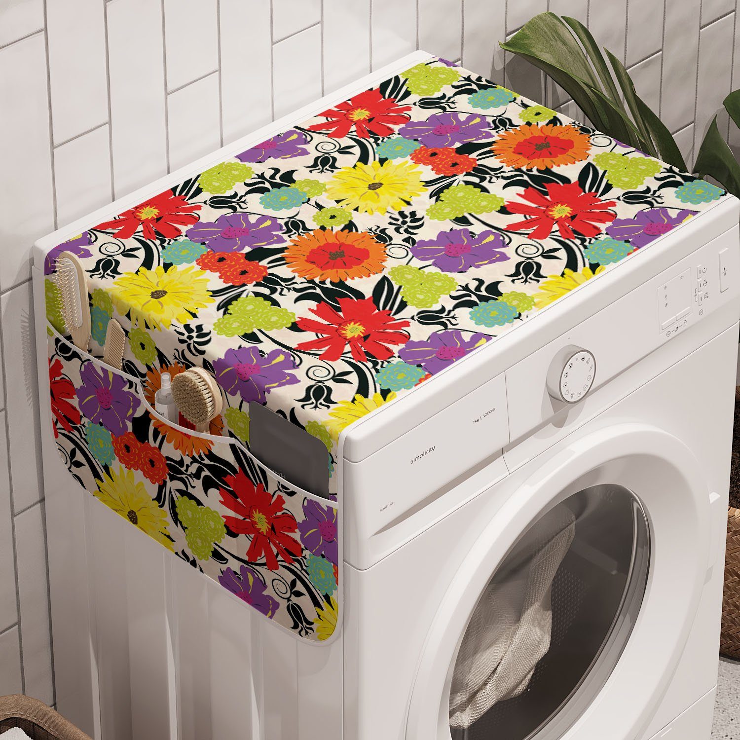 Abakuhaus Badorganizer Anti-Rutsch-Stoffabdeckung für Waschmaschine und Trockner, Garten-Kunst Hand gezeichnete Blütenblätter Natur