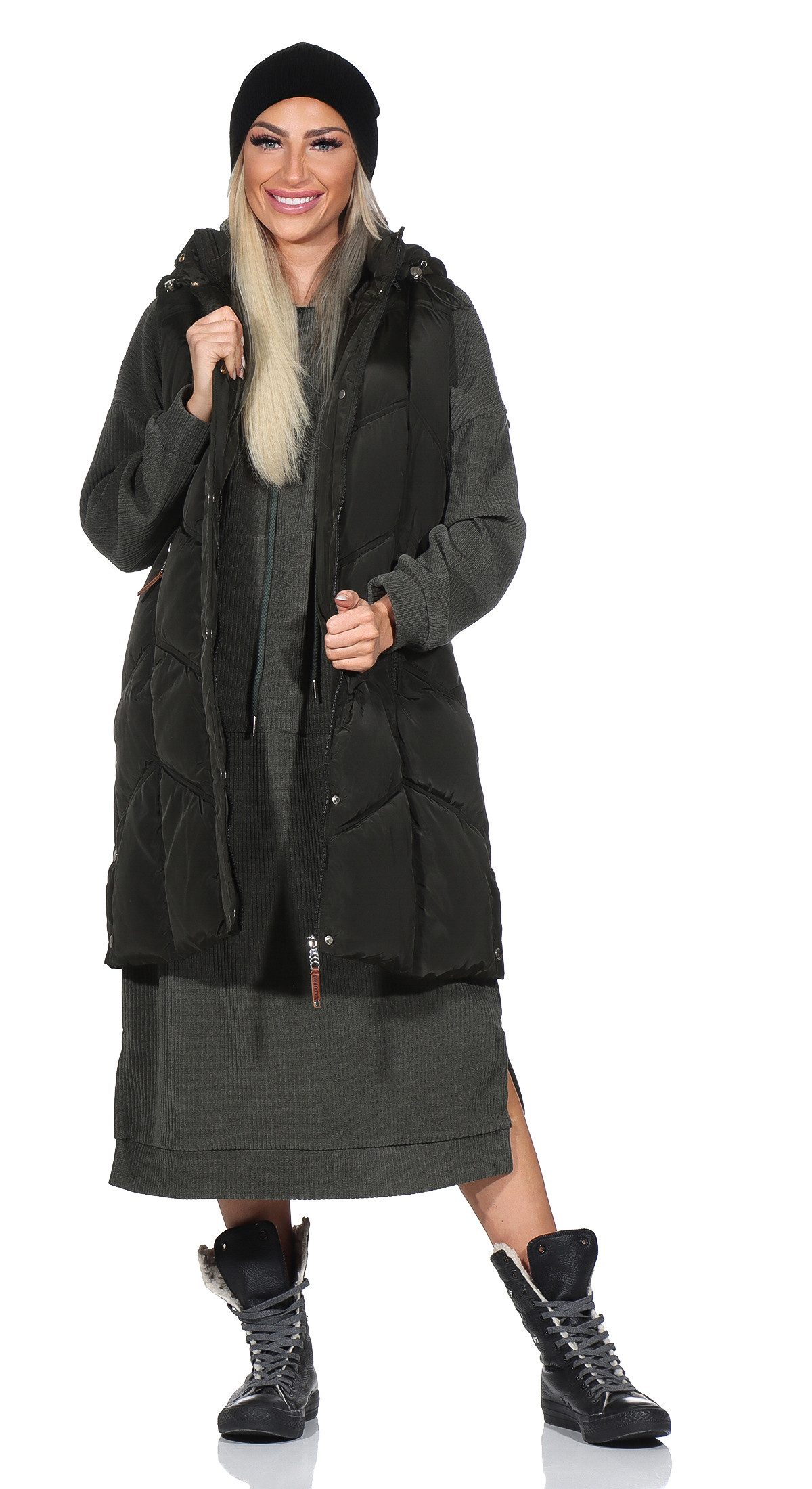 Aurela Damenmode Steppweste Damen Longweste mit moderner Steppung abnehmbare Kapuze, auch in großen Größen erhältlich