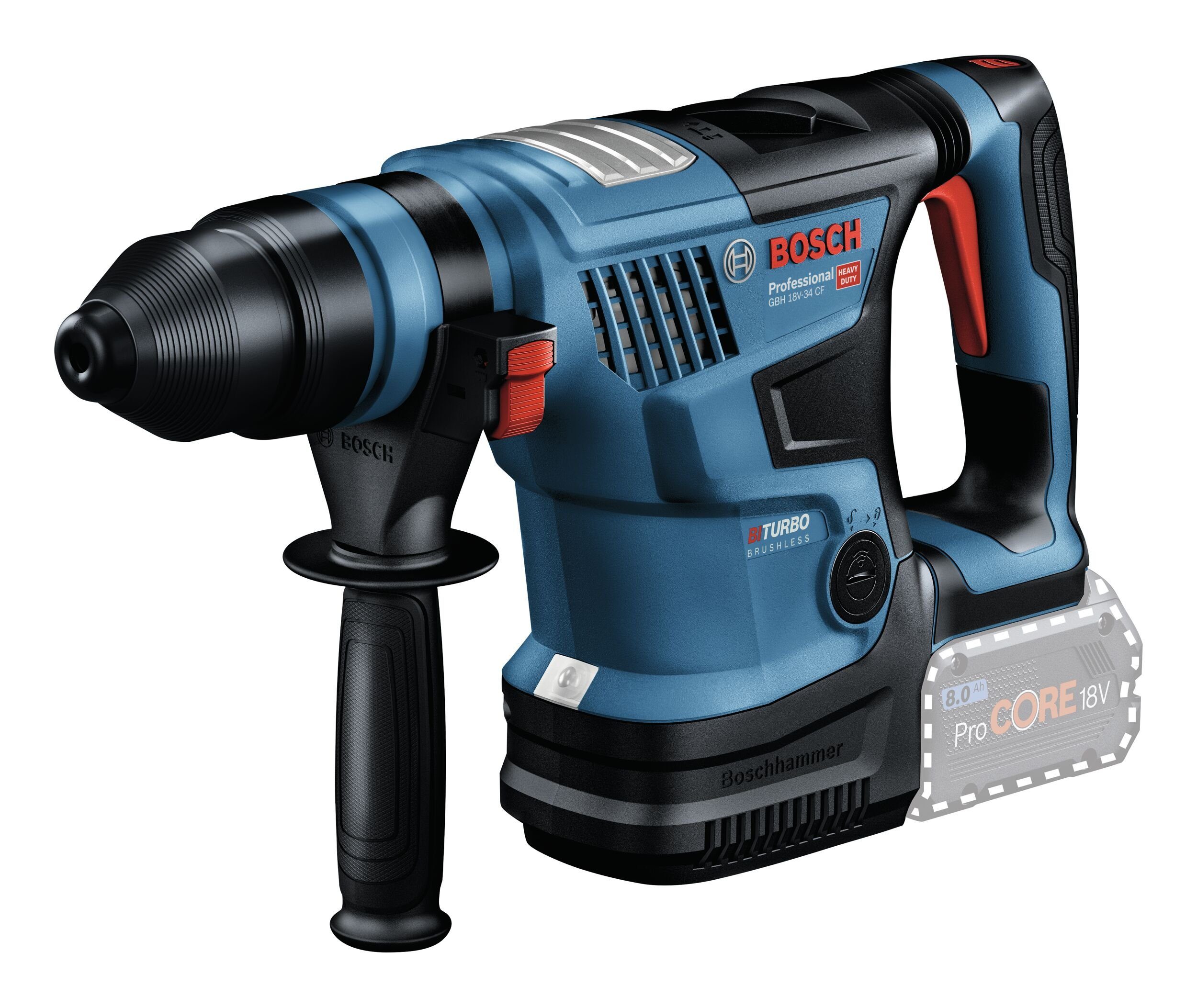 Bosch Professional Akku-Kombibohrhammer GBH 18V-34 CF, 18 V, max. 500 U/min, Bohrhammer BITURBO mit SDS plus Ohne Akku - im Handwerkerkoffer