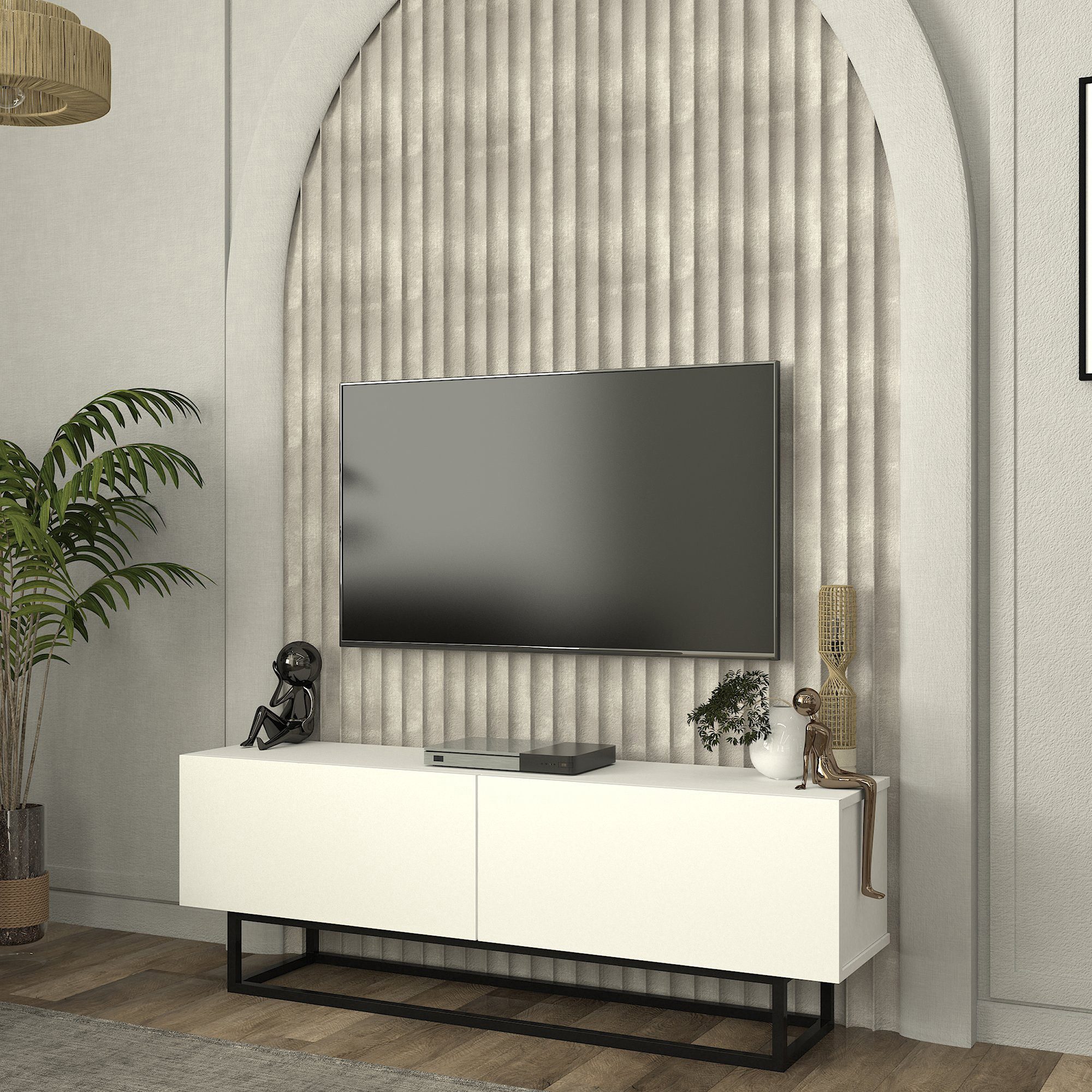 en.casa TV-Schrank »Nolven« kurzes Gestell 135 x 32 x 47 cm Weiß