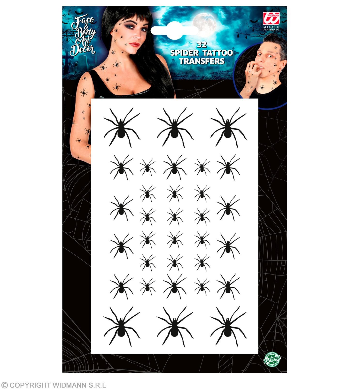 Widmann S.r.l. Schmuck-Tattoo Spinnen Tattoos - 32 Stück, Zubehör zum Hexenkost