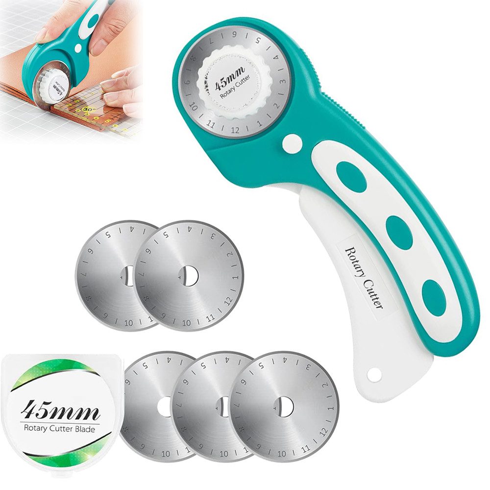 AFKSMILE Cuttermesser Rollmesser Rollschneider, Stoffschneider mit 5 Ersatzklingen für Stoff, (1-tlg), Rollschneider Set mit Ergonomischem Griff und Sicherheitsverschluss