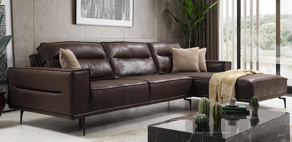 Casa Padrino Ecksofa Luxus Ecksofa Braun / Schwarz 305 x 185 cm - Modernes Wohnzimmer Sofa mit Nubuk Kunstleder - Luxus Schlafsofa - Luxus Wohnzimmer Möbel