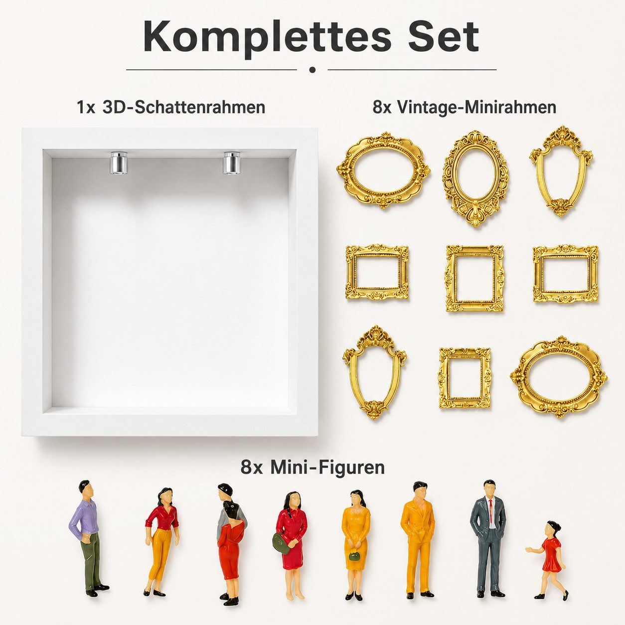 ibettertec Bilderrahmen zum Basteln DIY Set Mini Museum 3D Bilderrahmen Mini-Bilderrahmen, für 8 Bilder (goldenen Mini-Bilderrahmen und Figuren für Jahrestag), für Jahrestag, Valentinstag, Geburtstag
