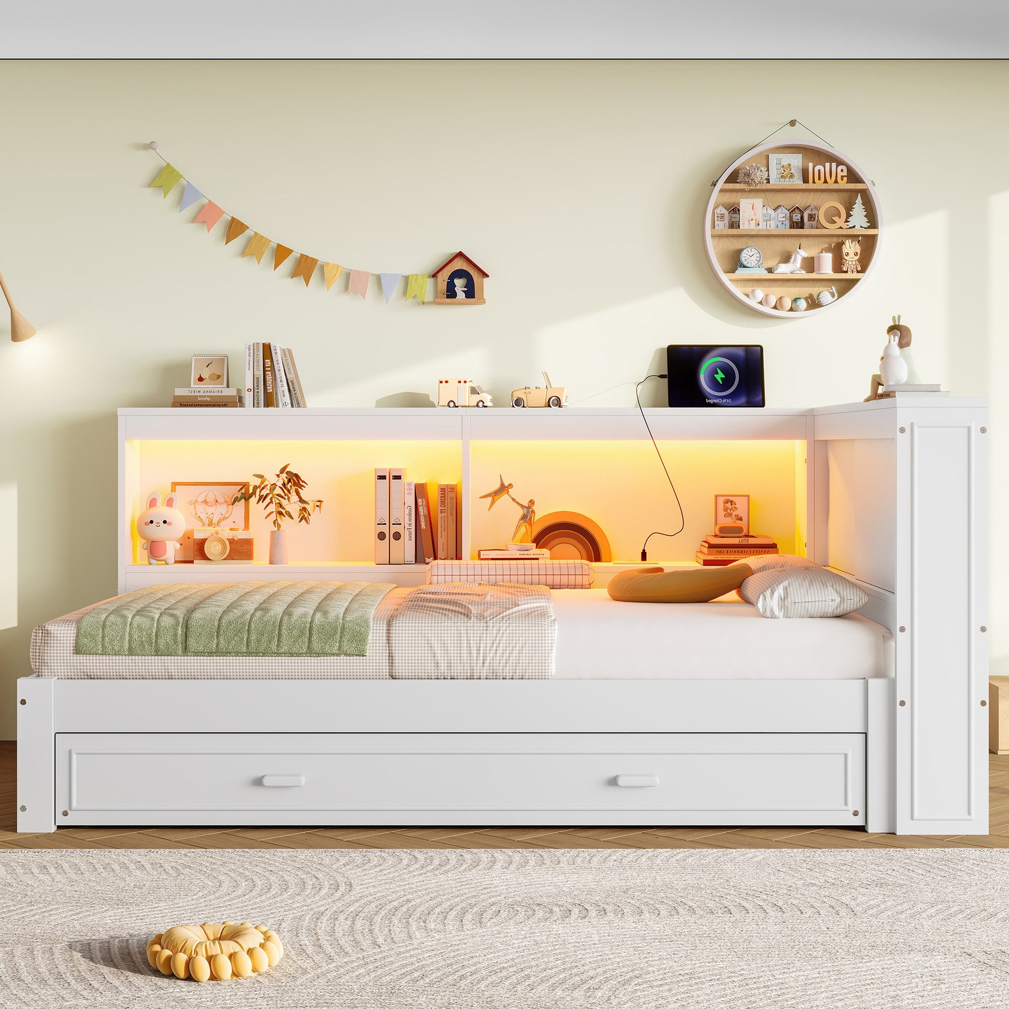Odikalo Schlafsofa 90x200 Schlafcouch Tagesbett mit LED, Daybett, 90x200 cm mit ausziehbarem Bett, Mit LED-Leuchten, Mit Steckdose, 1 USB-Anschlüssen, 1 Typ-C ausgestattet, Ohne Matratze, Weiß