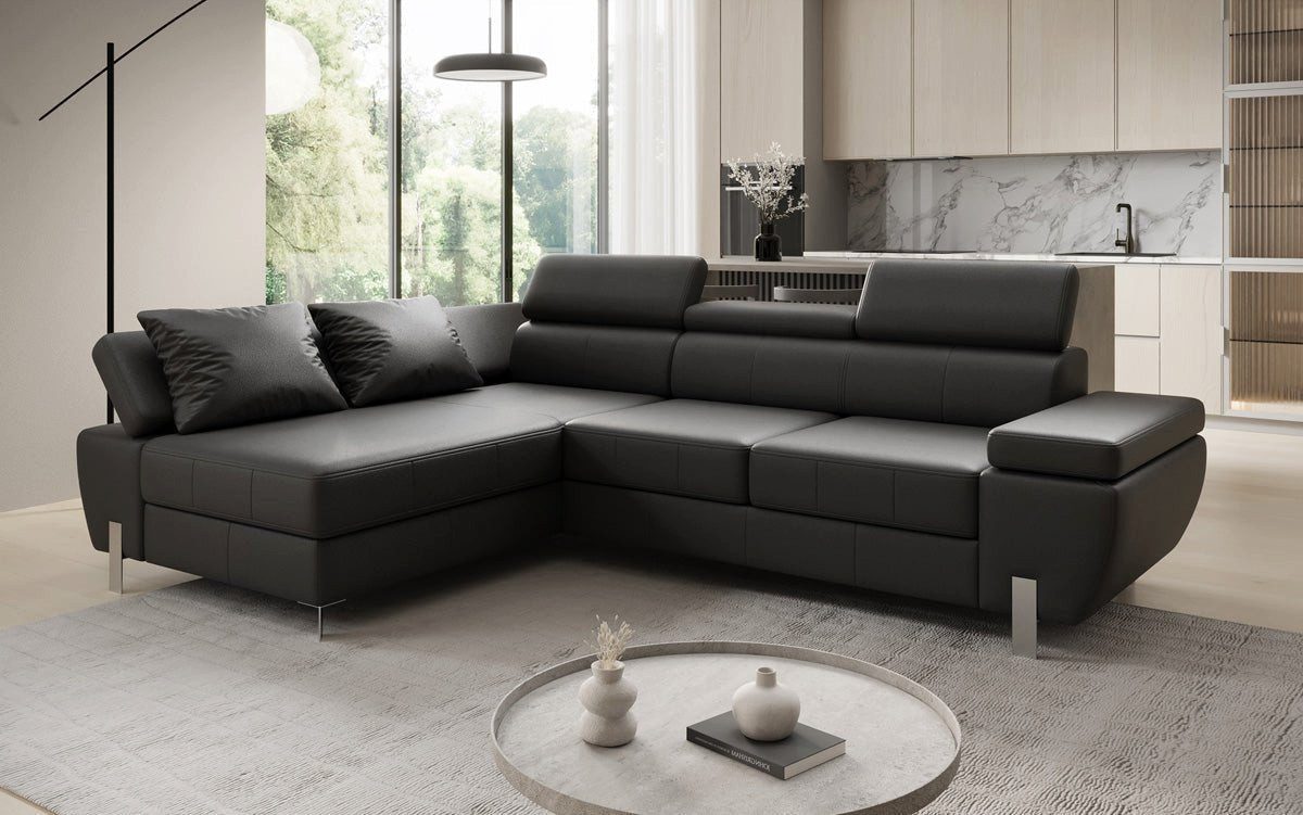 Luxusbetten24 Schlafsofa Designer L Sofa Calista mit Schlaffunktion und Stauraum, mit verstellbaren Kopfstützen und beweglichen Armlehnen