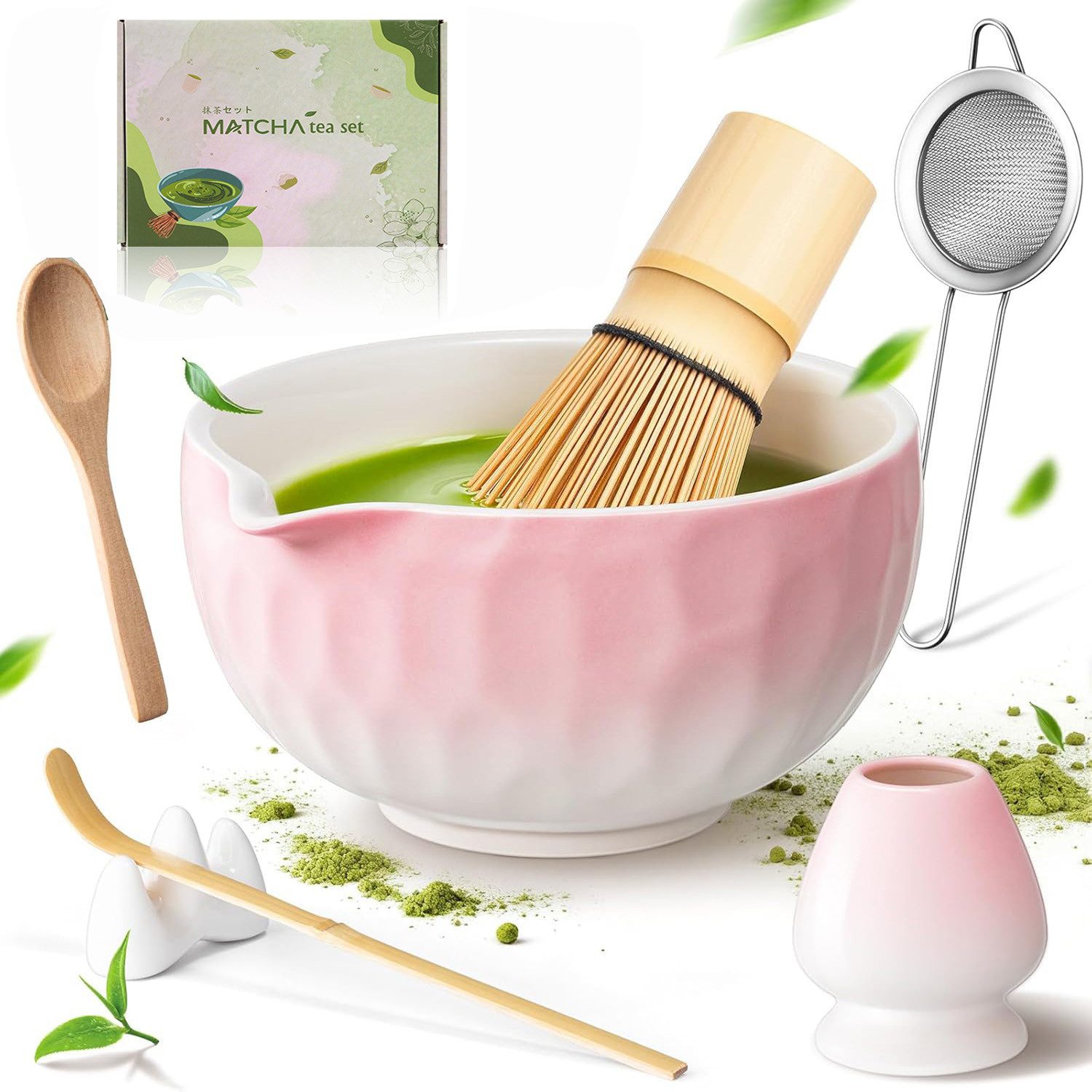 AKKEE Teeservice 8 Stück Matcha Tee Set, Keramik, Bambus-Besen, Edelstahlsieb Schal, Schale & Zubehör