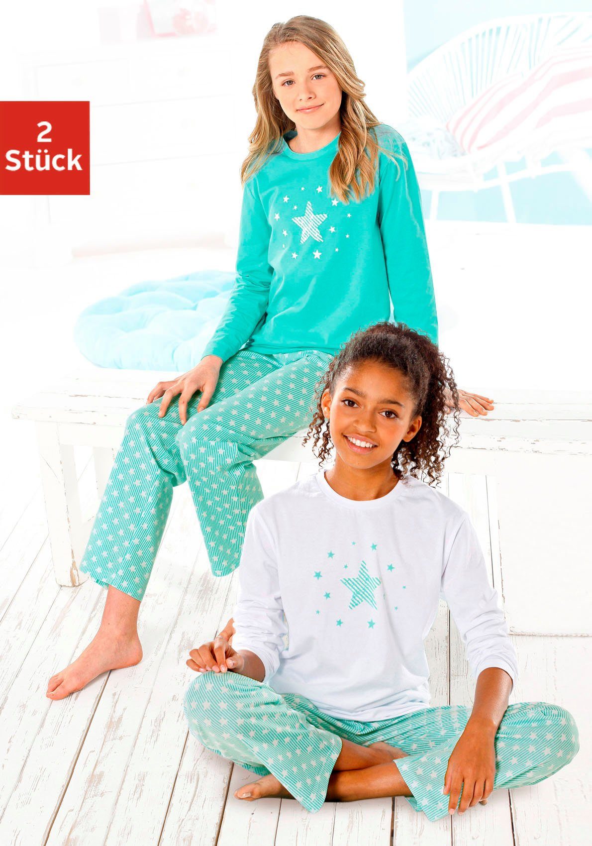 petite fleur Pyjama (4 tlg., 2 Sets) langer Schlafanzug mit Sternendruck, aus Baumwolle