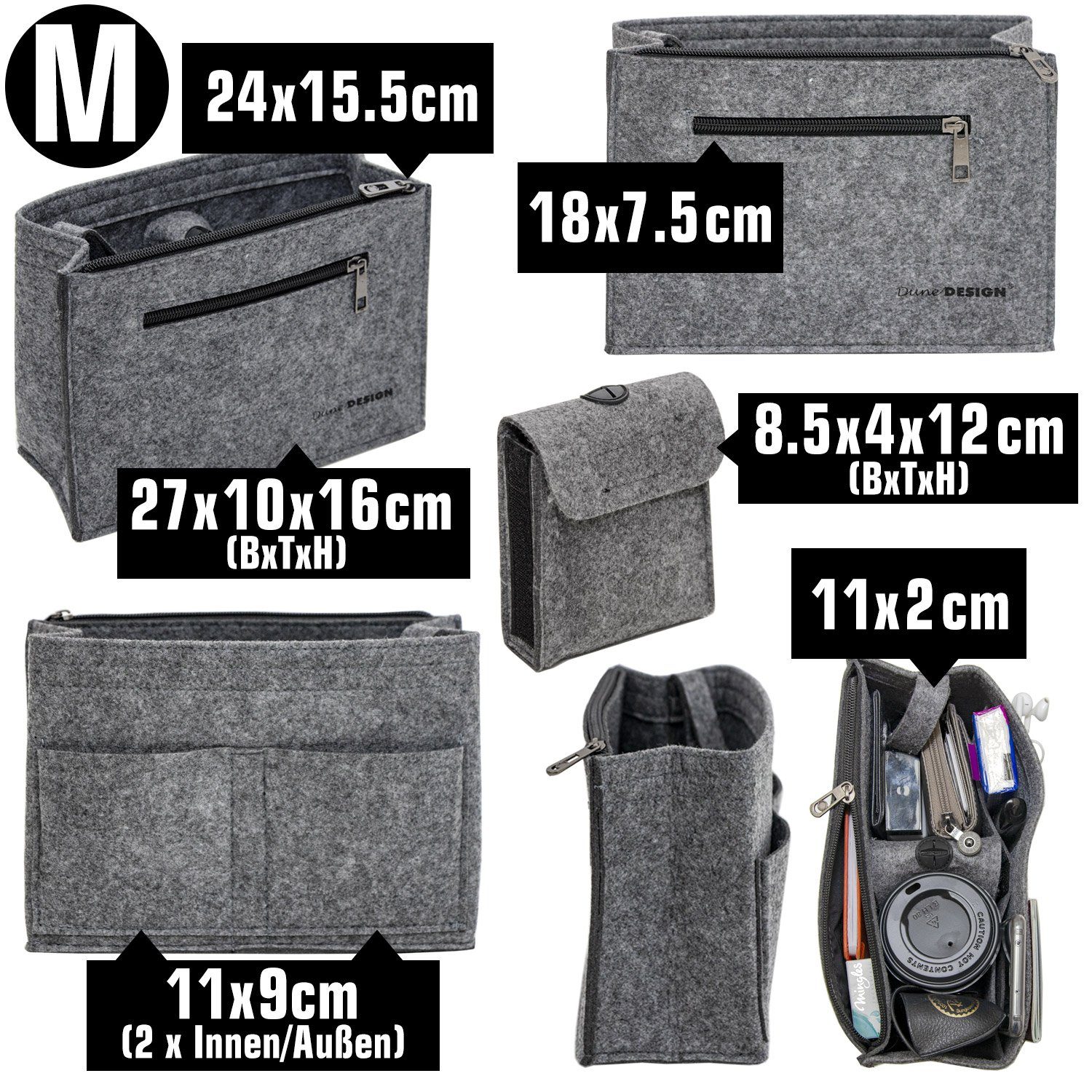 DuneDesign Taschenorganizer M - Filz Handtaschenorganizer mit Fächern für Handtasche und Rucksack, 27 x 10 x 16 cm Taschen Organizer - Innentasche für Damen Handtaschen