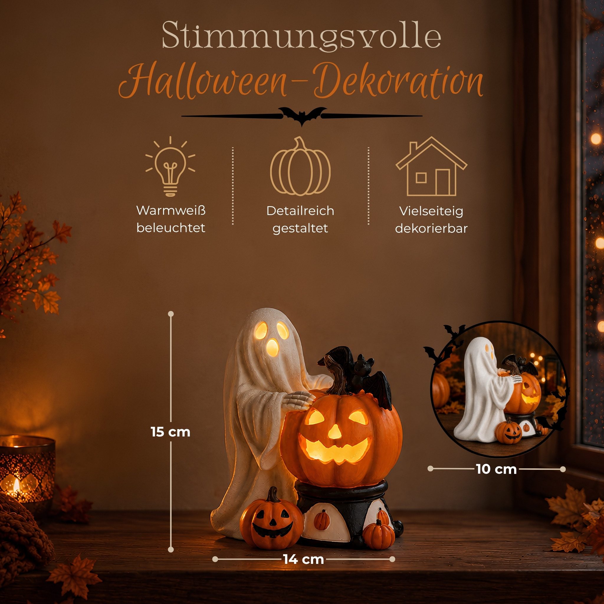 matches21 HOME & HOBBY Dekolicht LED Halloween Dekofigur in 14x15x10 cm - Geist mit Kürbis aus Poly, LED, Warmweiß, LED-Geist - Polyesin - 2×LR44 - kein Timer – Bild 2 von 5