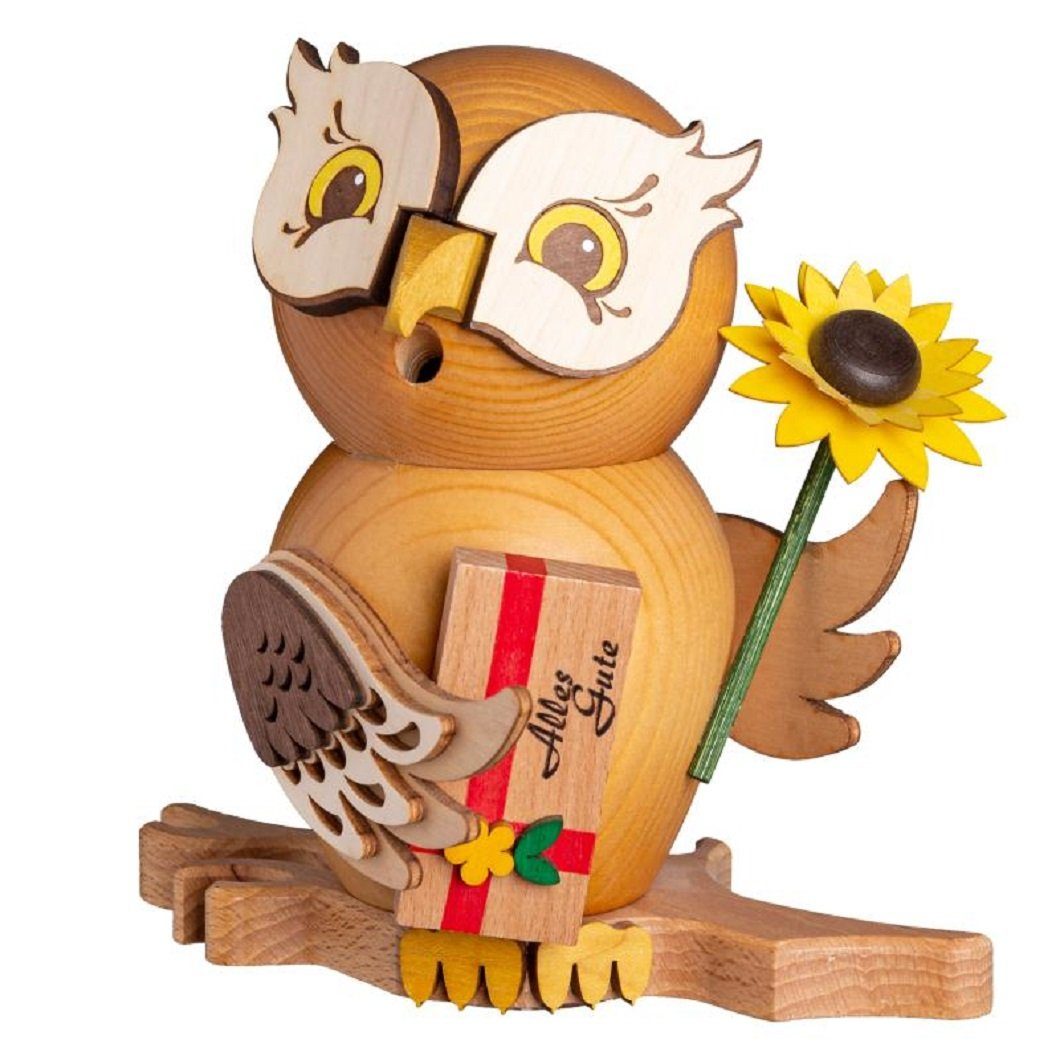 Kuhnert Räuchermännchen Kuhnert Räucherfigur Eule Gratulant, (1 St), Handarbeit aus dem Erzgebirge