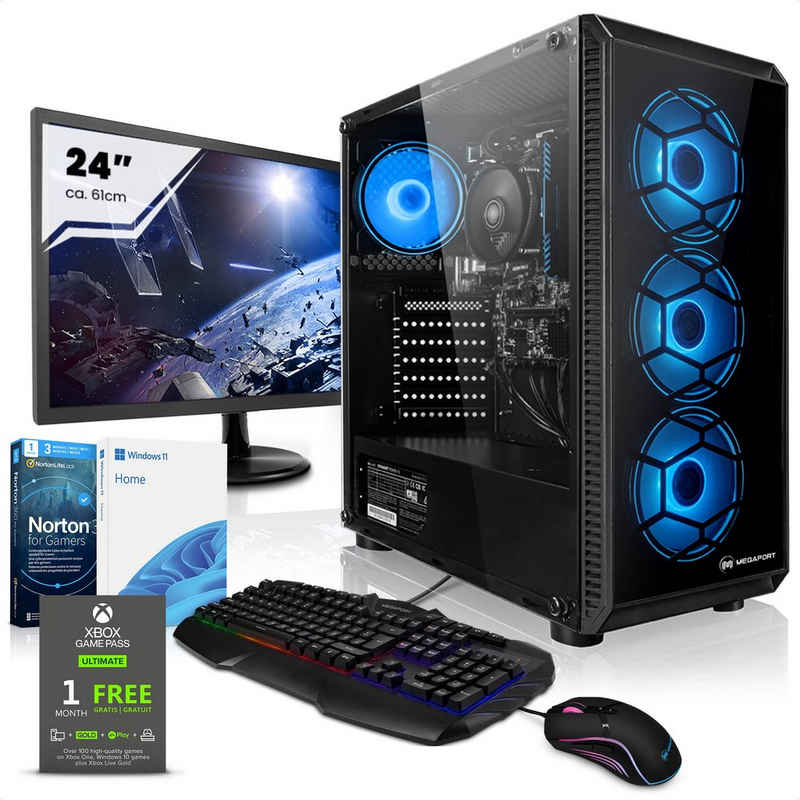 Megaport Gaming-PC-Komplettsystem (24", AMD Ryzen 7 5700G 8x 3.80GHz, AMD Vega 8 integriert, 16 GB RAM, 1000 GB HDD, 250 GB SSD, Windows 11, WLAN)