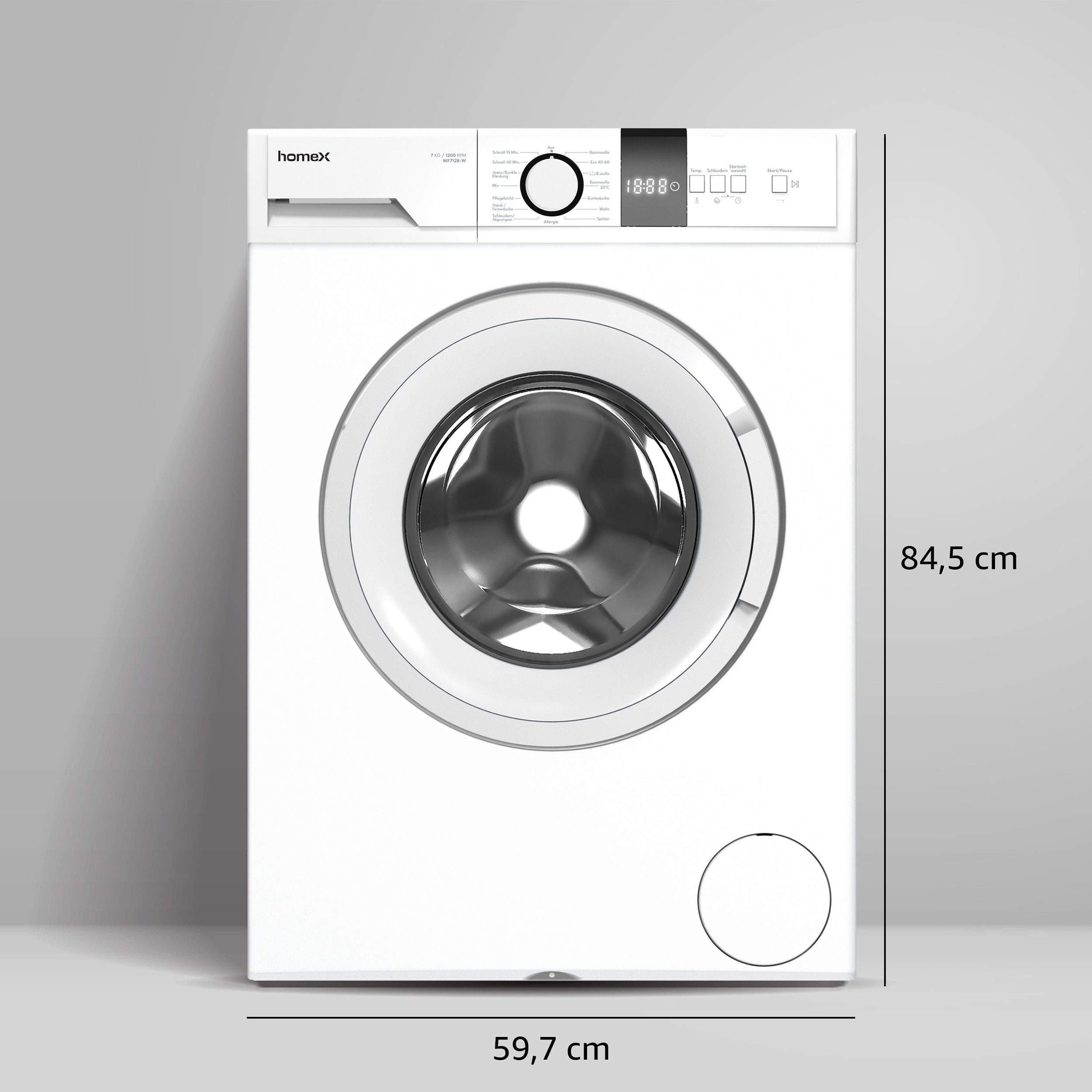 homeX Waschmaschine WF712B-W, 7 kg, 1200 U/min, Frontlader, AquaStop, Inverter Motor, Schontrommel, Leise & Effizient