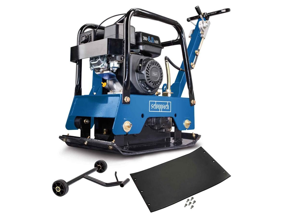 Scheppach Rüttelplatte HP2500S, max. 4200 vpm, (LxB) 63x40 cm, Set, 3-tlg., 6,5 PS, 30.000 N, inkl. Fahrvorrichtung und Gummimatte