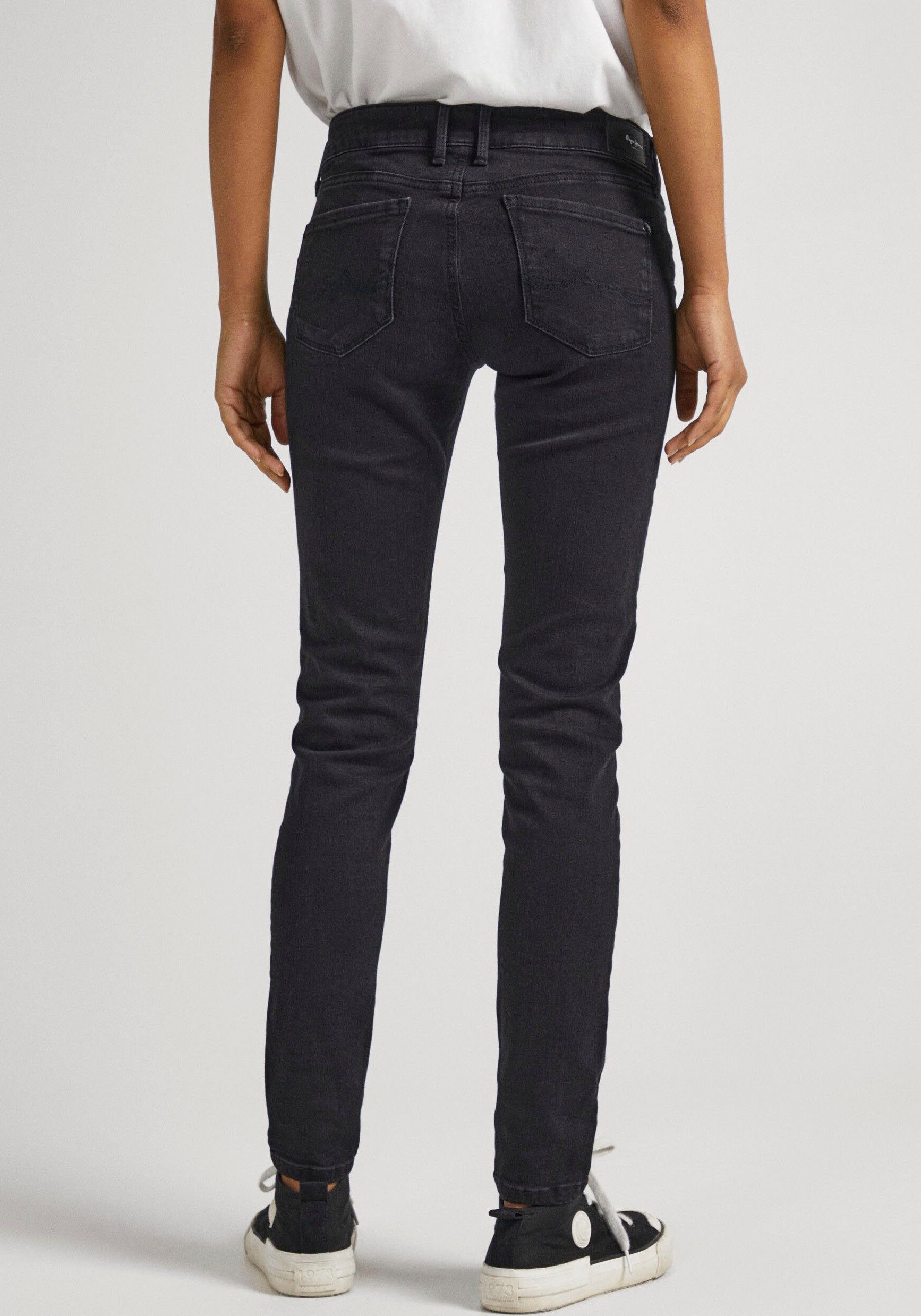 Pepe Jeans Skinny-fit-Jeans Stretch-Anteil und im SOHO 5-Pocket-Stil black Bund 1-Knopf mit