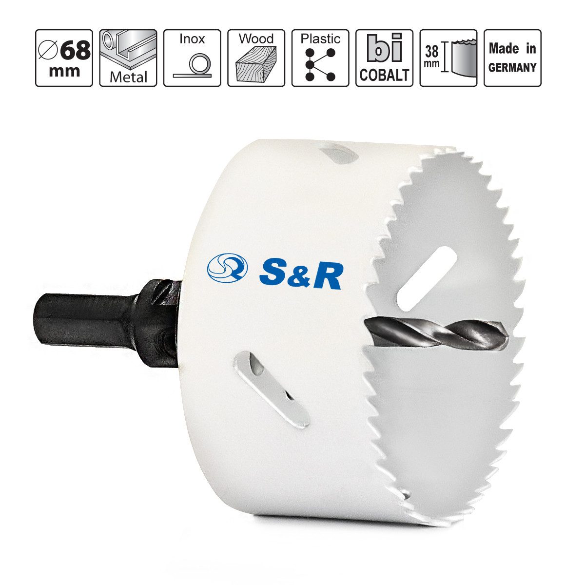 S&R Lochsäge 68 mm, universal für Holz, Metall, Kunststoff, Gipskarton, Set, 1-tlg., Lochsäge, Lochsägenhalter Sechskant, Zentrierbohre, aus HSS Bi-Metall, Kobaltleriert, Made in Germany