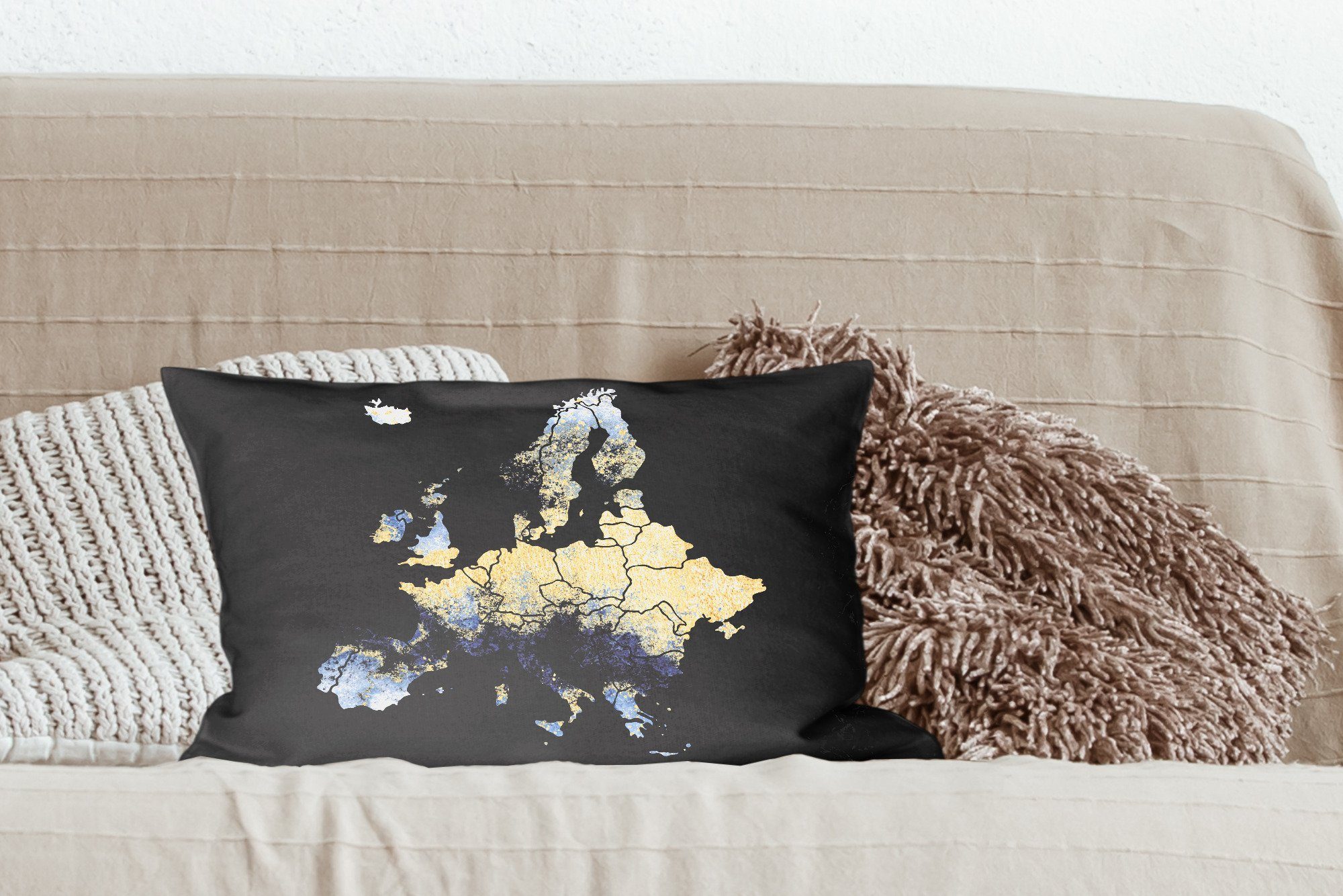 MuchoWow Dekokissen Karte - Europa Dekokissen Zierkissen, Blau, mit Füllung, Wohzimmer Dekoration, - Schlafzimmer Delfter