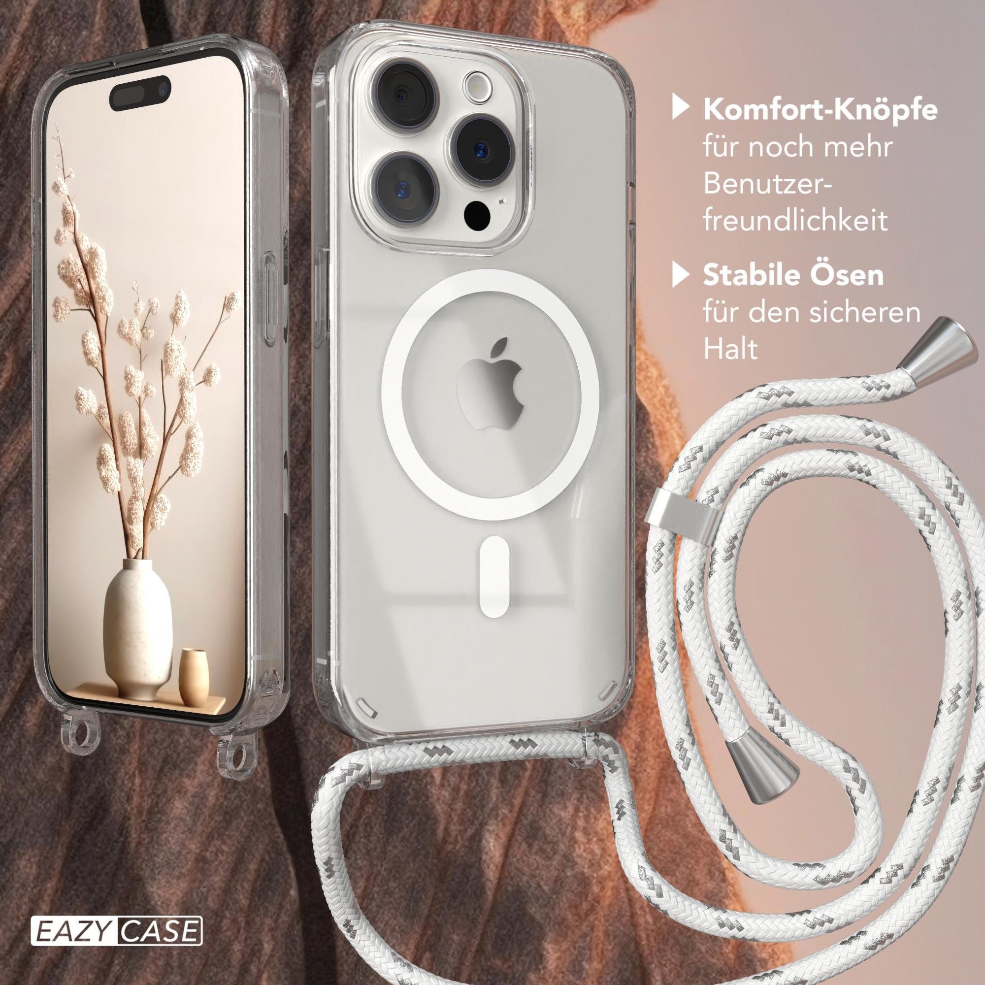 EAZY CASE Handykette mit-/ohne Magsafe Hülle für iPhone 15 Pro 6,1 Zoll, Handykordel Qi-Case Slimcover mit Umhängeband zum Umhängen Weiß Silber