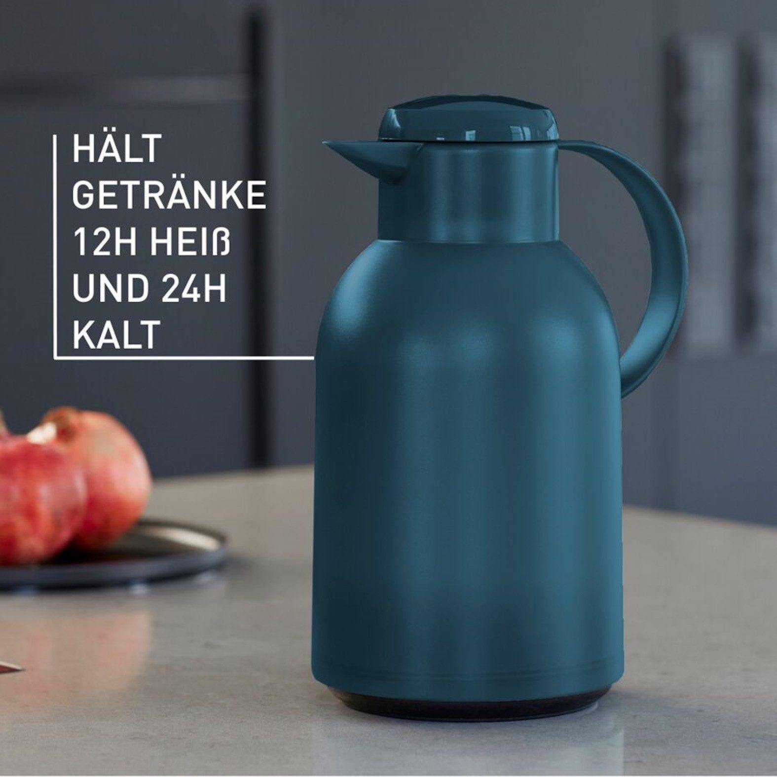 Emsa Isolierkanne Samba, 1,5 l, XXL-Modell, zeitloses Design, einfacher Knopfdruck, 24h kalt, 12h warm