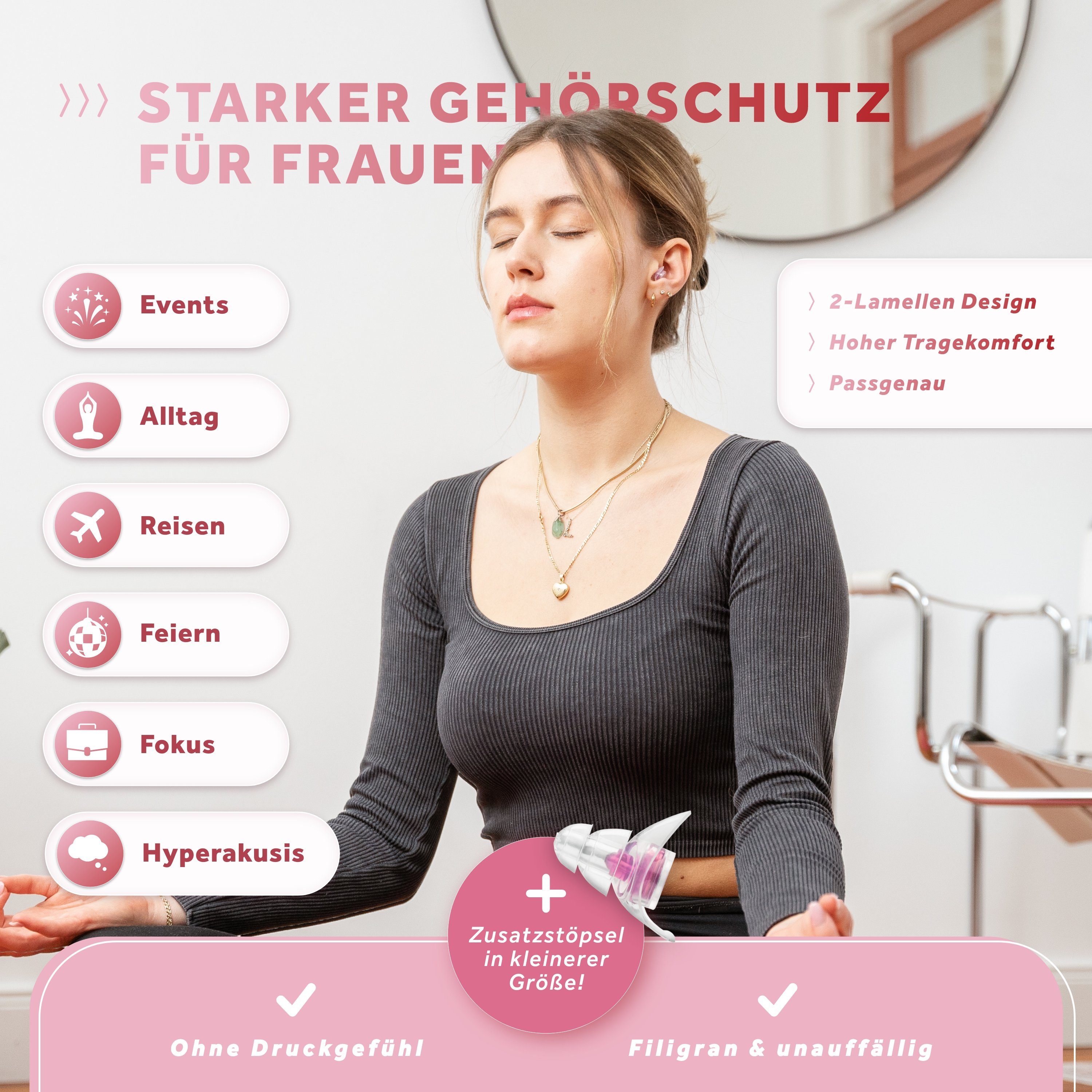Frauen Schallwerk für Women+ SCHALLWERK Pinke ® Gehörschutzstöpsel speziell Ohrstöpsel Gehörschutz Filter