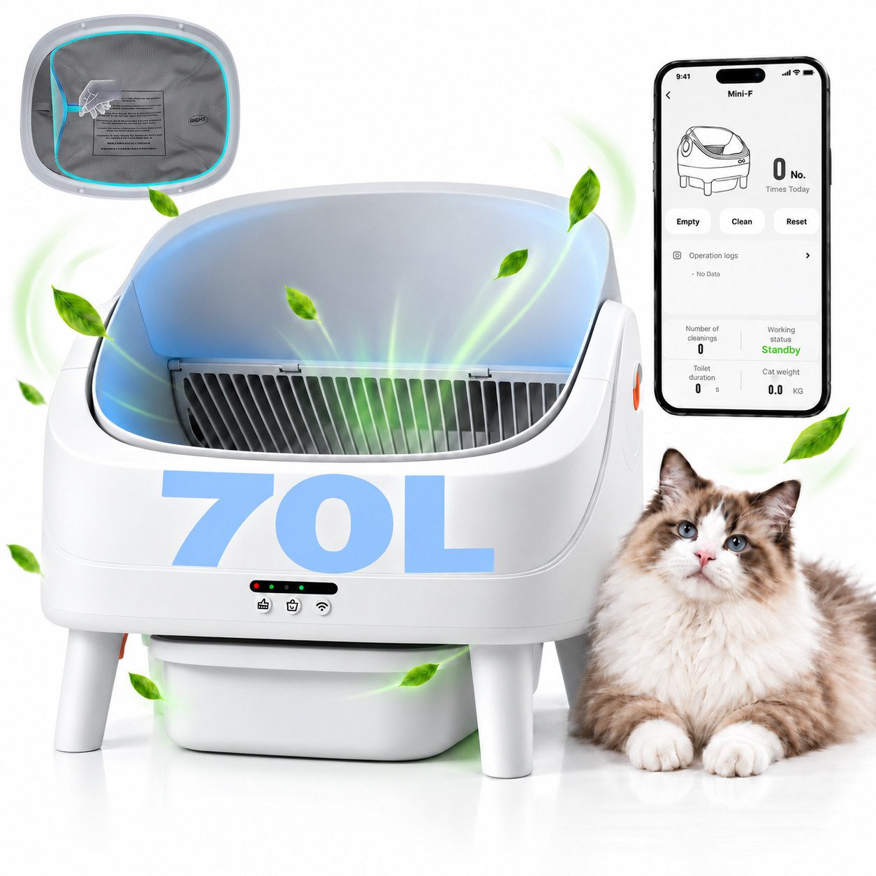 Rosnek Katzentoilette Katzenklo Selbstreinigend, 70L, elektrische Katzentoilette mit App, Geruchskontrolle, leiser Betrieb & 8-facher Schutz für mehrere Katzen