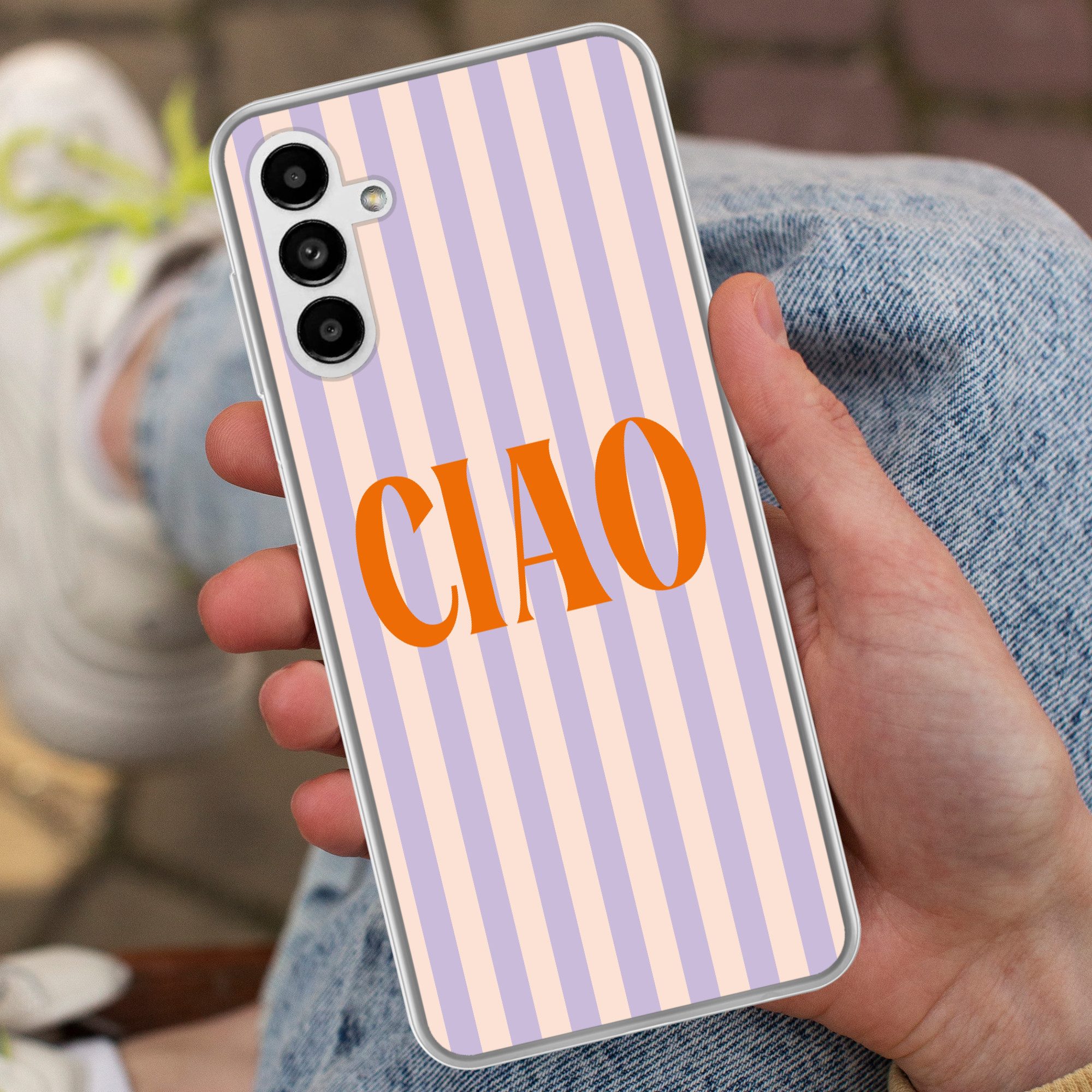 MuchoWow Handyhülle für Samsung Galaxy A04s Ciao - Zitat - Pastell - Streifen, Handy Case, Silikon, Bumper Case Dünn
