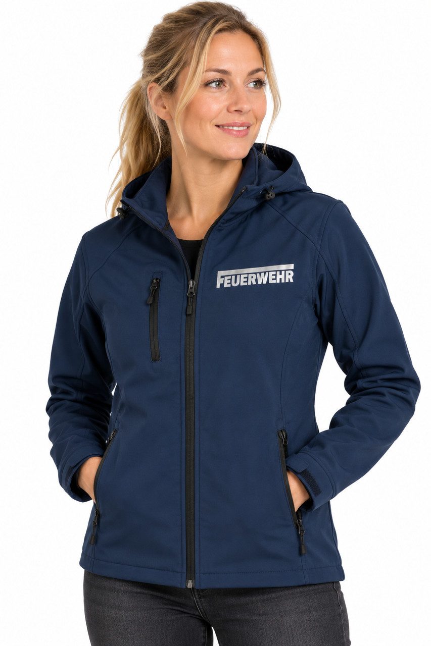 coole-fun-t-shirts Softshelljacke Feuerwehr Softshell-Jacke Damen & Herren Dunkelblau mit Kapuze Softshell Jacke Freiwillige Feuerwehr Jacke mit Kapuze Dunkelblau