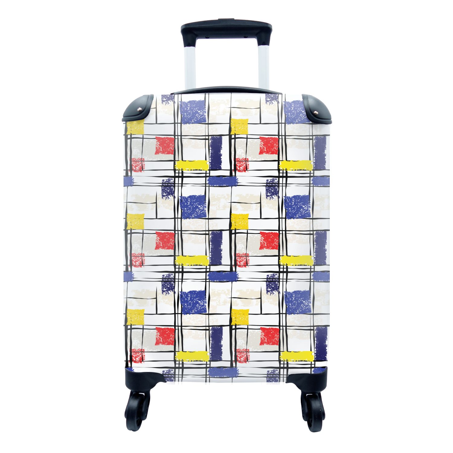 MuchoWow Handgepäckkoffer Mondrian - Gelb - Rot - Blau, 4 Rollen, Reisetasche mit rollen, Handgepäck für Ferien, Trolley, Reisekoffer