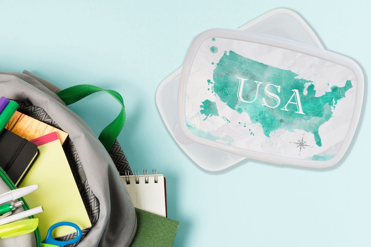 und Mädchen Kunststoff, Kinder (2-tlg), - Jungs Vereinigte für Erwachsene, Aquarell, Karte für Lunchbox Staaten weiß - und Brotdose, MuchoWow Brotbox