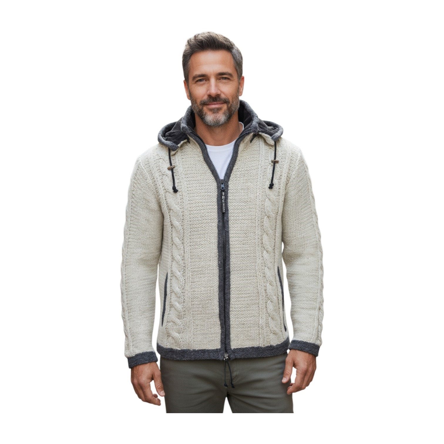 THC Natural Line Strickjacke THC Schafwollstrickjacke 850 weiß (1 Stück, 1-tlg., 1 Stück) abnehmbare Kapuze