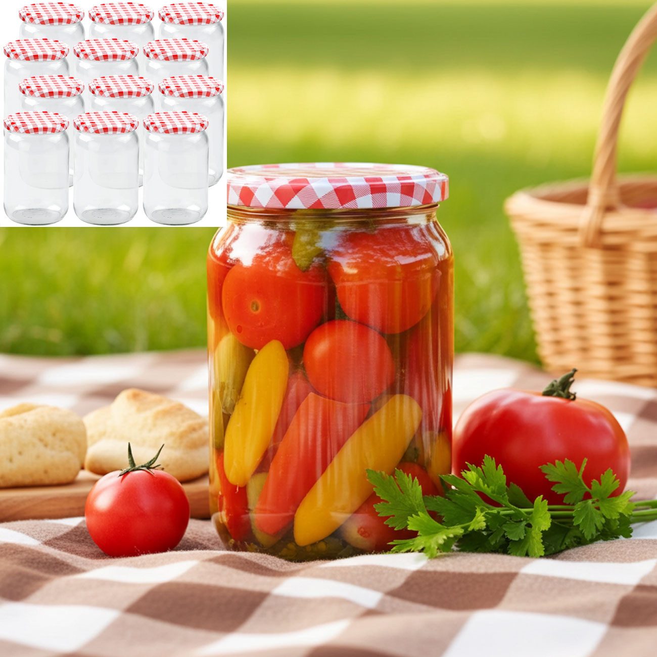 Casativo Einmachglas Einmachgläser 720ml – Sturzgläser mit Karo-Deckel für Marmelade, (12-tlg), Ideal zum Einwecken, Konservieren und Aufbewahren