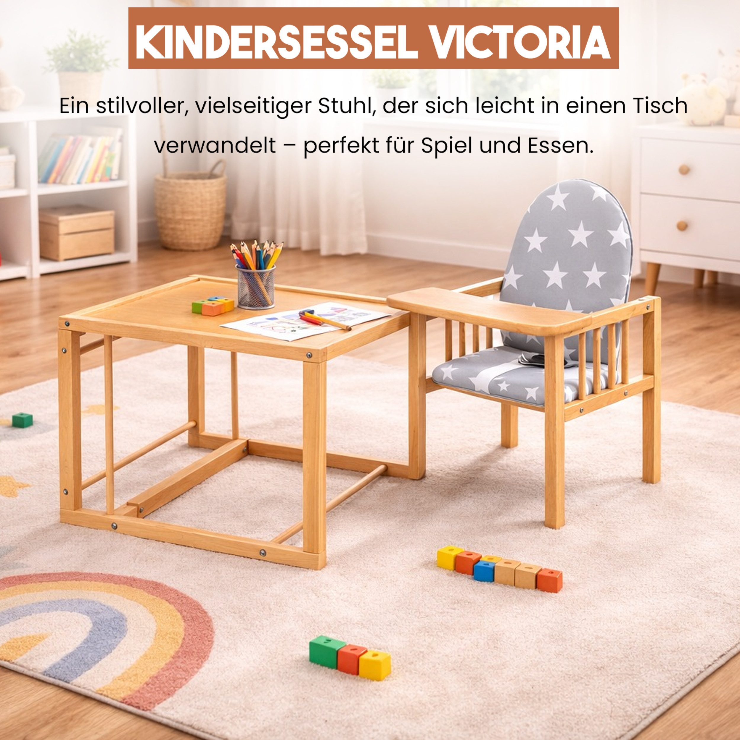 Best for Kids Holzstuhl Victoria 2-in-1 Holzstuhl & Tisch – Höhenverstellbar & Sicher, leicht umbaubar zur Stuhl-Tisch-Kombination