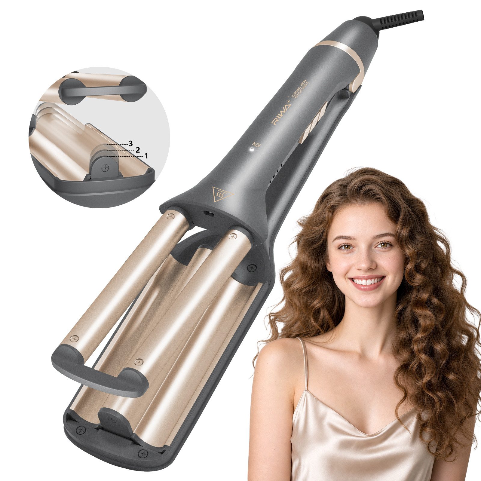 RIWA Welleneisen Lockenstab 3 Fässer für natürliche Wellen und Beach Waves, 120–200°C Keramik-Beschichtung, 3-in-1 Wellen-Design (18/22/26 mm), 15 Mio. Ionen, 30s Schnellheizen