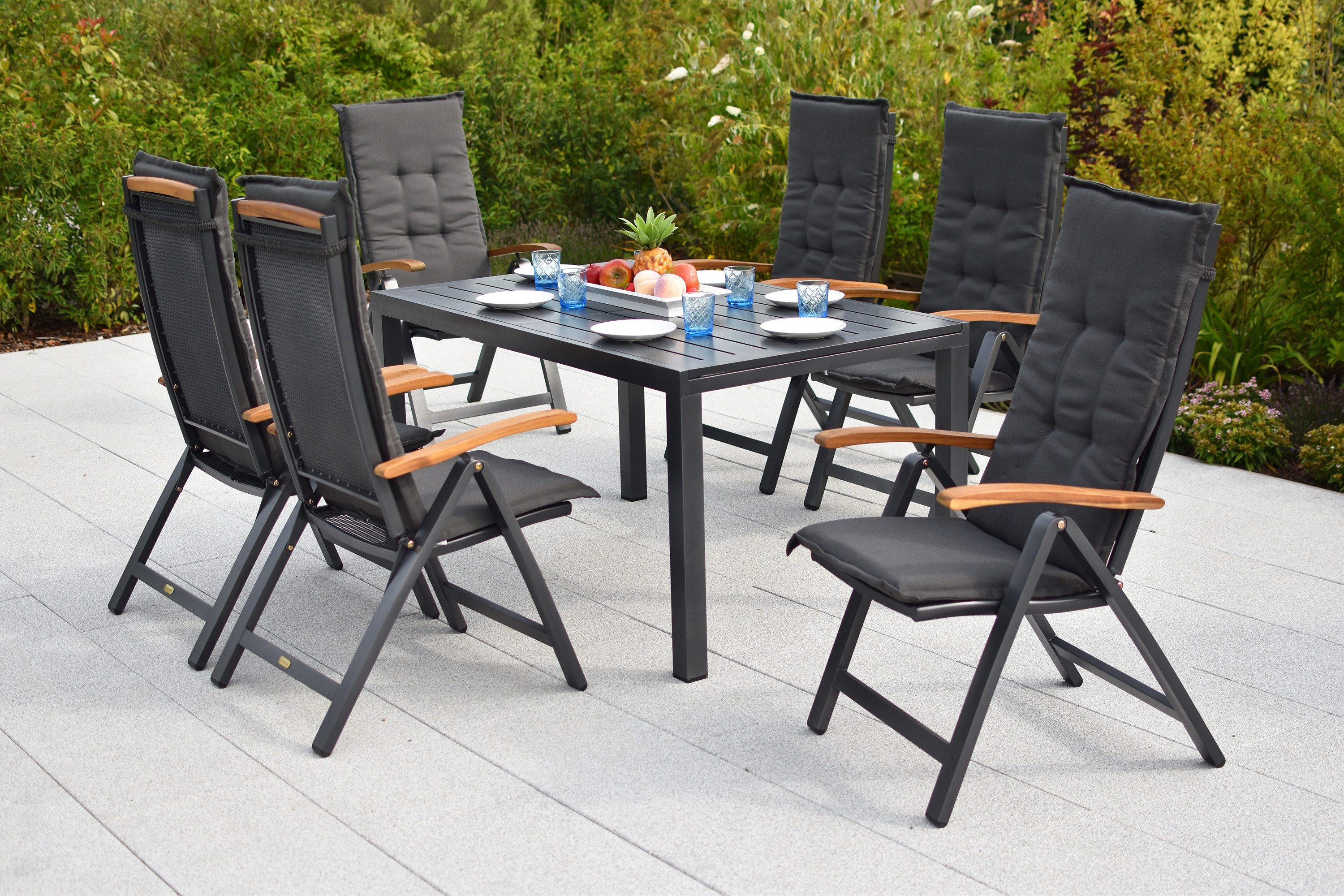 MERXX Garten-Essgruppe Tilos, (Set, 13tlg), 6 Klappsessel, 6 Auflagen, Ausziehtisch, Aluminium
