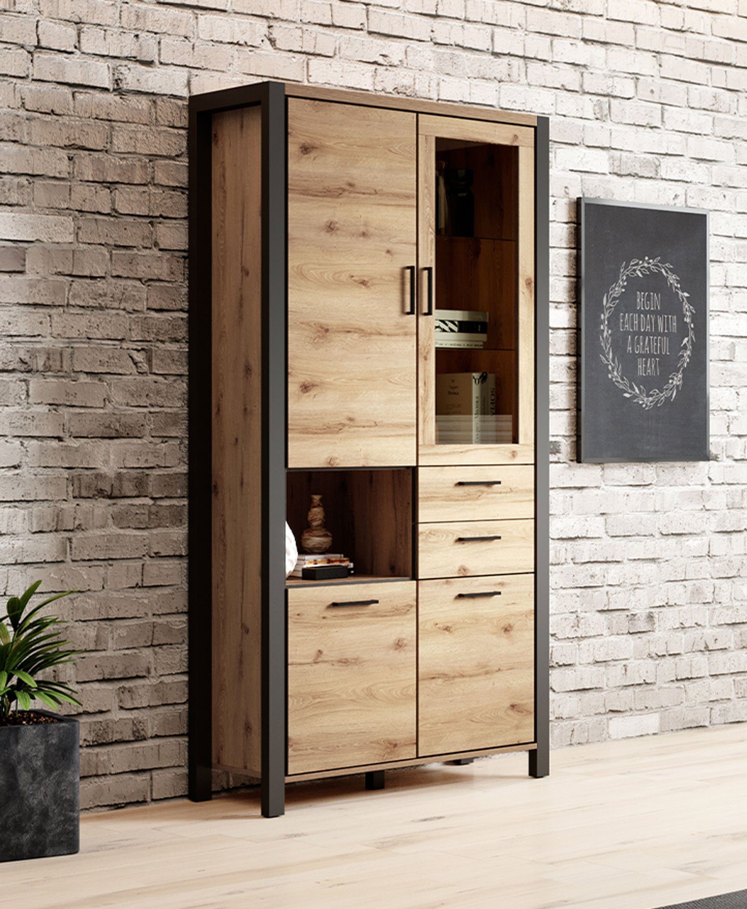 Helvetia Vitrine Aktiv (3 Holztüren, 1 Glastür, 2 Schubladen, 1 Fach, 1-St., Moderne Holzoptik, Metallgriffe, Vollauszug) 100x40,5x200cm taurus/schwarz matt