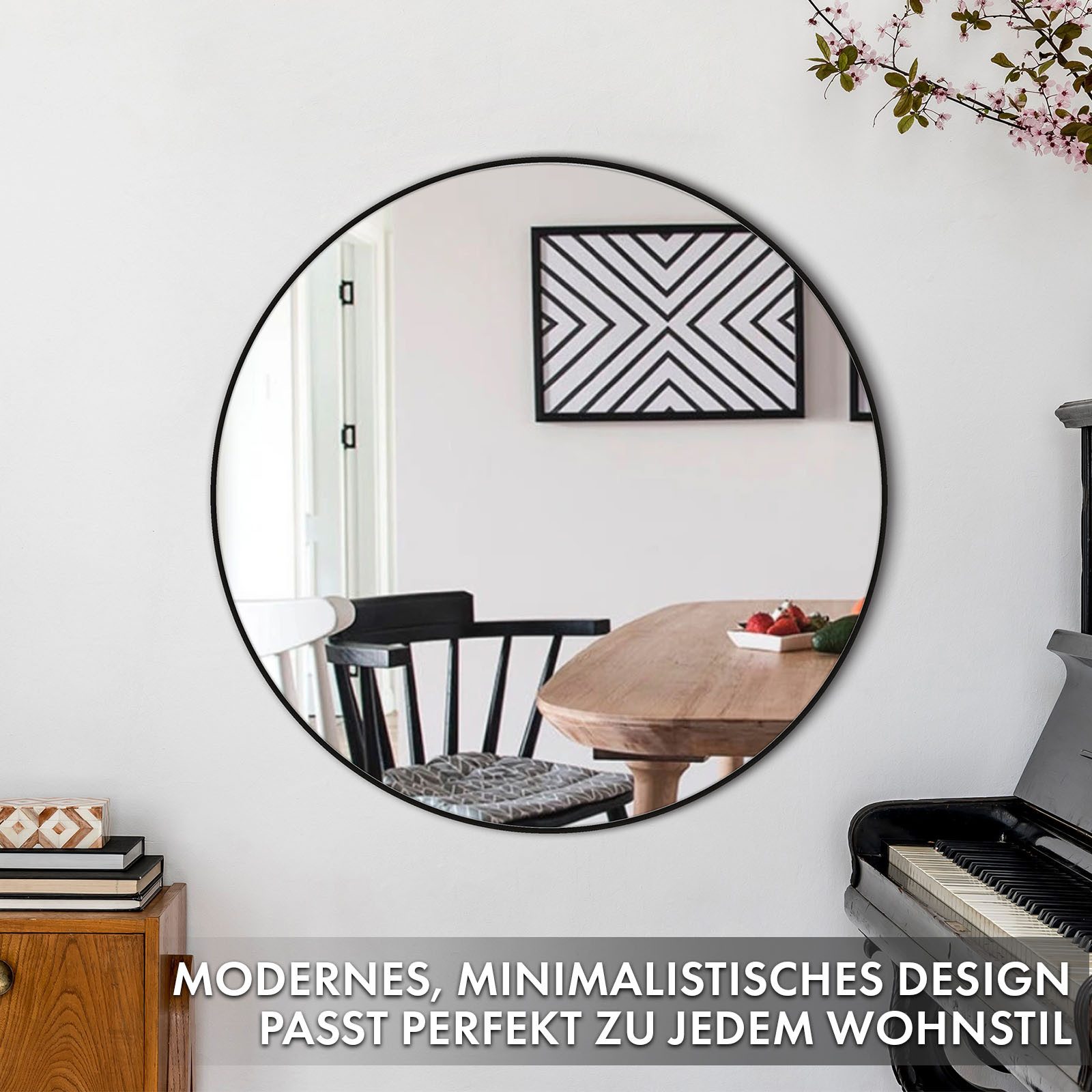 Floordirekt Wandspiegel Bella, Runder Spiegel mit schwarzem Aluminiumrahmen, in 3 Größen (Kristallklar & Rostfrei, 1-St., 70cm Durchmesser), Anti-Glasspliter Folie für mehr Sicherheit, mit Montagematerial