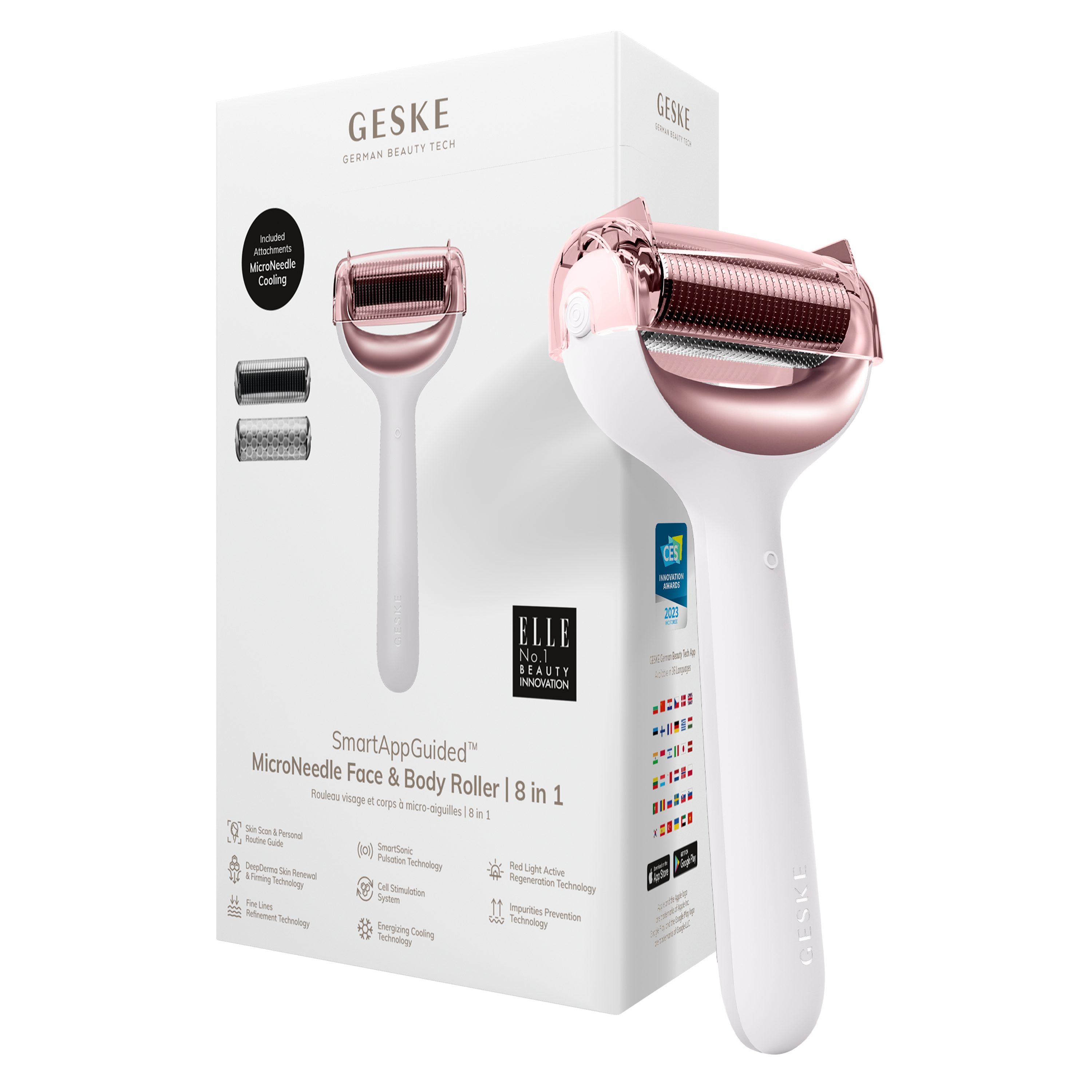 GESKE German Beauty Tech Micro-Needling SmartAppGuided™ MicroNeedle Face & Body Roller 8 in 1, Packung (Gerät & USB-Ladekabel), 4-tlg., Gerät inkl. kostenloser APP (SmartAppGuided Device), Mit der GESKE App erhältst Du deine personalisierte Hautpflegeroutine. Starlight