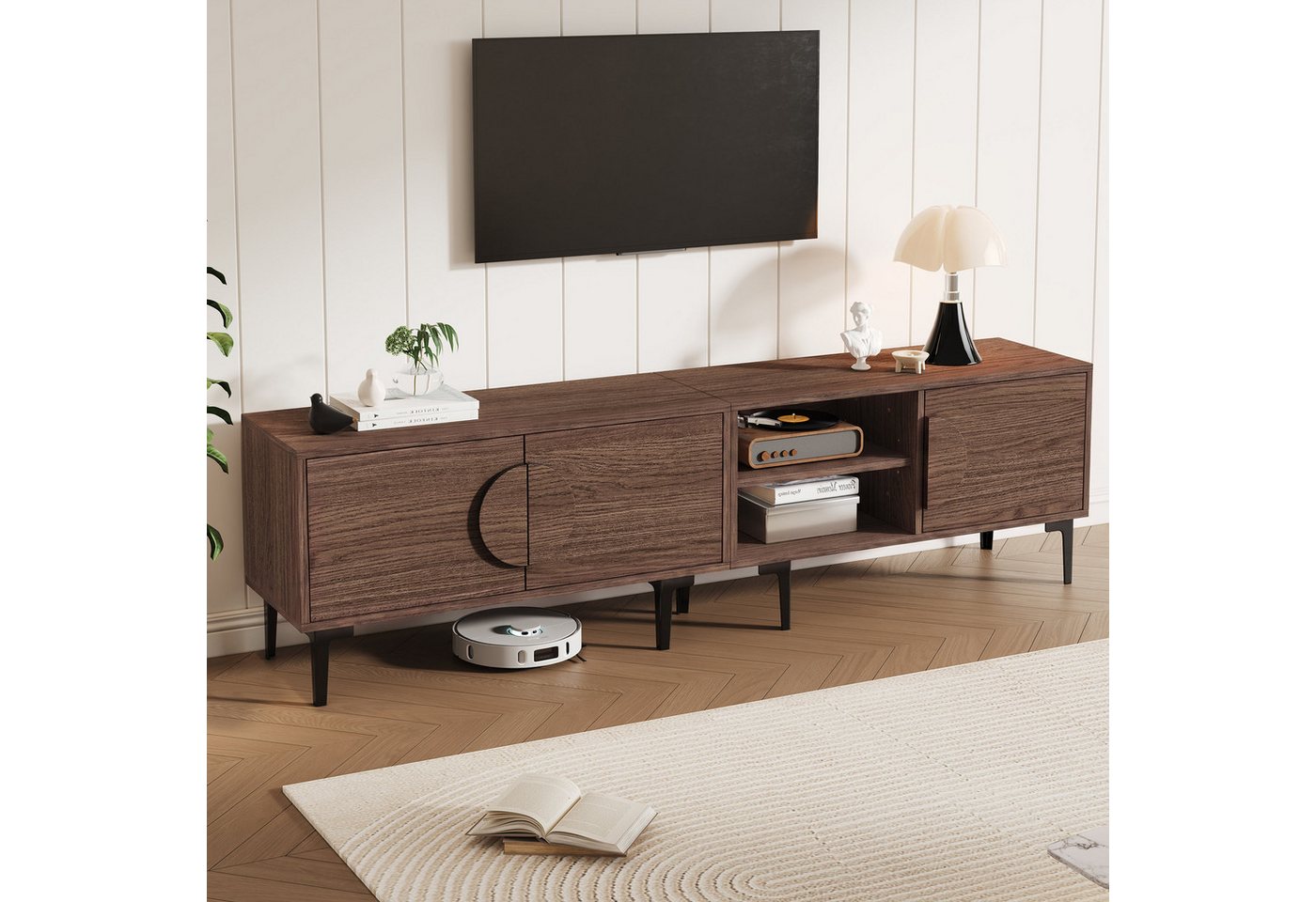 Odikalo TV-Schrank Lowboard Fernsehschrank TV-Bank mit Stauraum (180*35*49cm lowboard Fernsehschrank, TV-Ständer für das Wohnzimmer,TV-Schrank mit 2 Schränke, TV-Board mit offene Ablagefächer, Dunkel walnussfarben, Passend für 80 Zoll Fernsehe) 180*35*49cm