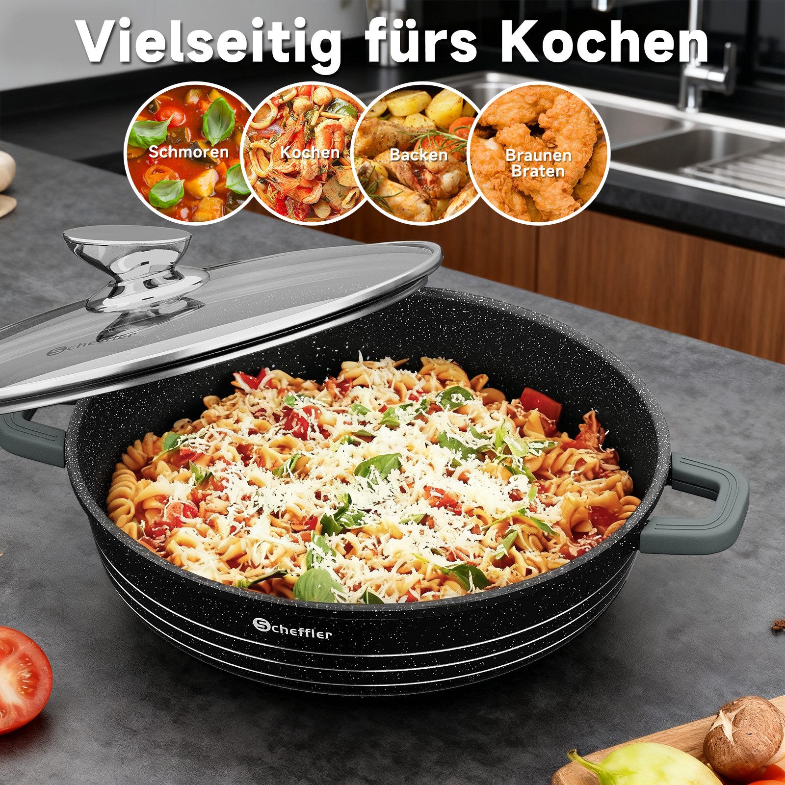 Scheffler Suppentopf Kochtopf 20/24/28/32/36 cm Servierpfanne Bratentopf Topf Induktions, Aluminium (2 Silikon Griffschutz, Spülmaschinengeeignet, für alle Herd – Bild 4 von 5