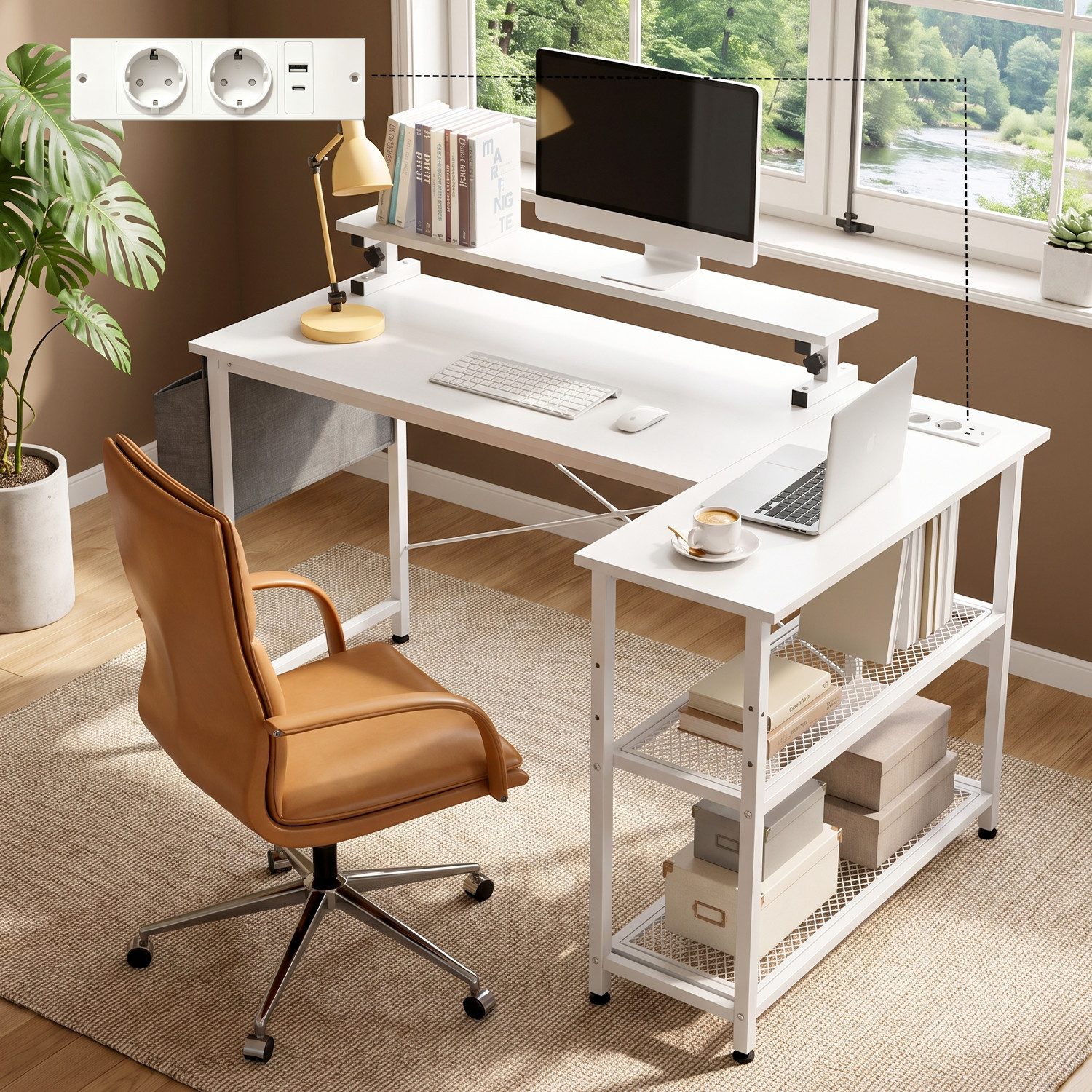 oyajia Schreibtisch Gaming Tisch Eckschreibtisch mit Regal USB-Ladeanschluss und Steckdose (Platzsparender Weißer Computertisch, Kleiner Schreibtisch Geeignet für Home Office), 108cm Computertisch L Form
