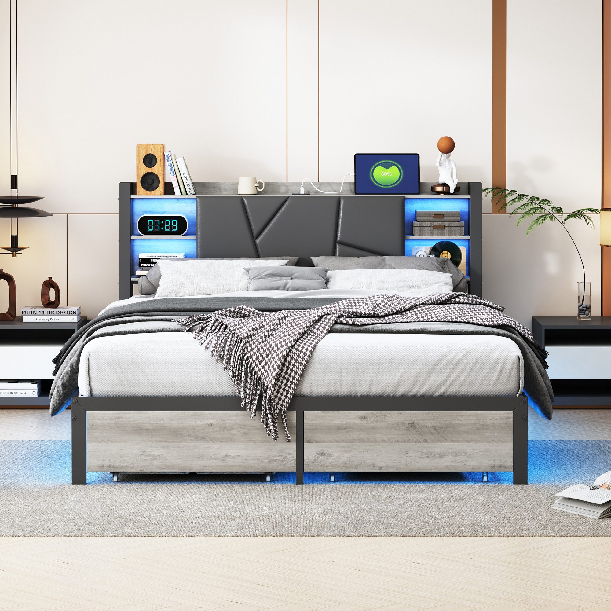 NMCXXO Metallbett Smart Bett mit LED & Stauraum – Modernes Polsterbett