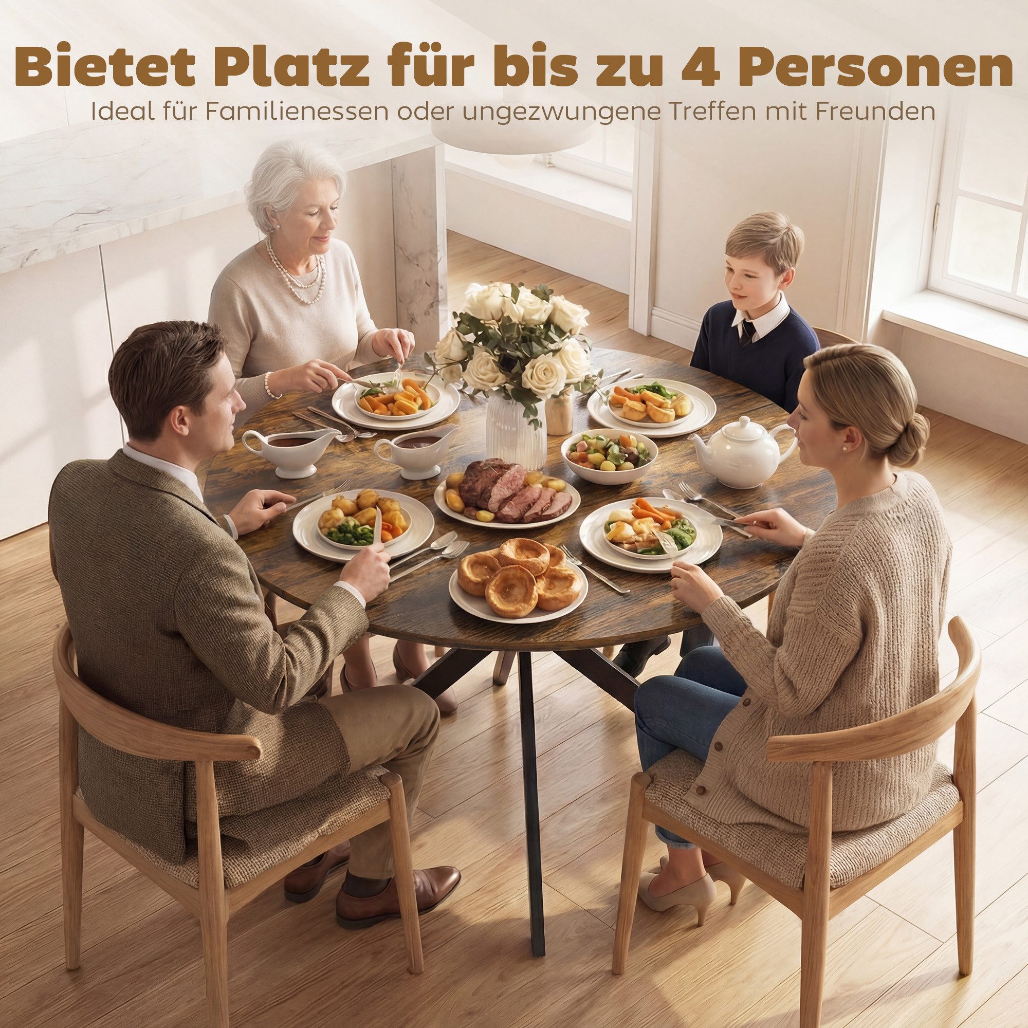 HOMCOM Esstisch Küchentisch im Industriestil mit Stahlbeinen für 4 Personen (für Esszimmer, Küche, Wohnzimmer, 1-St., rund, 100 x 100 x 75 cm), Rustikal-Braun – Bild 5 von 5