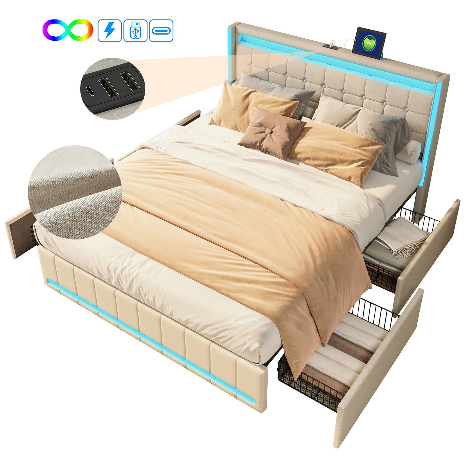 FUROKOY Polsterbett LED-Beleuchtung Doppelbett mit Ladefunktion günstig online kaufen