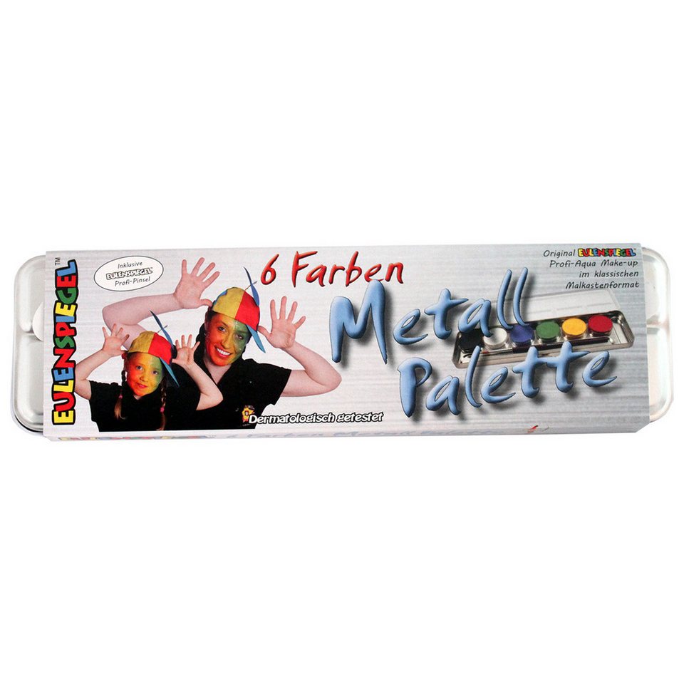 Eulenspiegel Theater Schminkpalette 6 Profi Aqua Farben Metall-Palette inkl. Profi Pinsel (1-tlg), Made in Germany, dermatologisch getestet