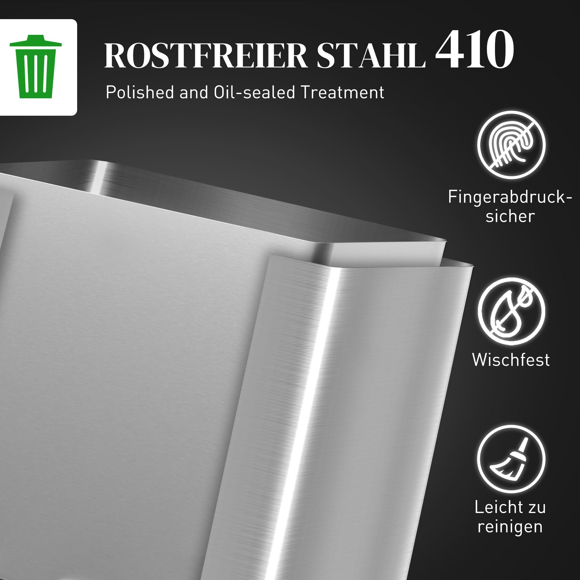 HOMCOM Mülltrennsystem Mülleimer Treteimer mit Fußpedal, Kippfach, Soft-Close-Funktion, für Wohnzimmer Büro Edelstahl Silber 32,5 x 31,5 x 78 cm – Bild 5 von 5